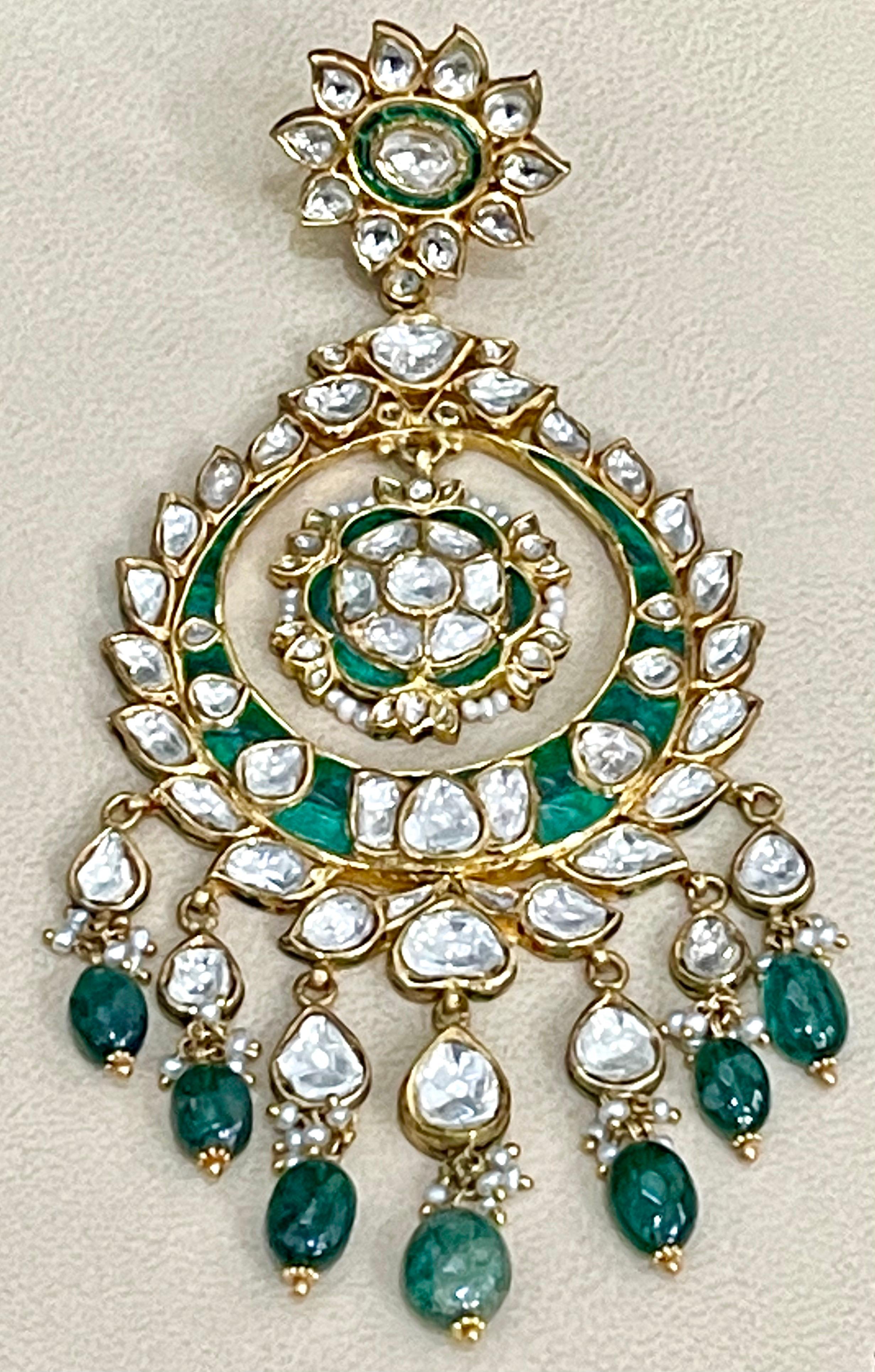 Traditional Kundan Polki Rose Cut Diamond 18 Kt Gold Chand Bali Enamel + Emerald For Sale 1