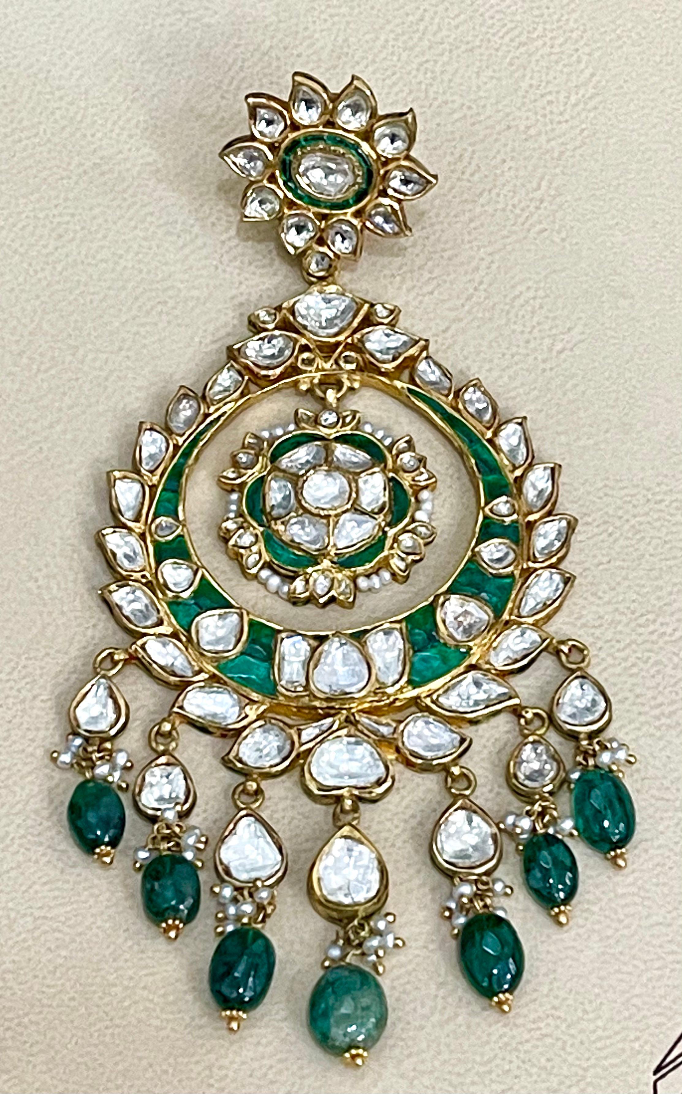 Traditional Kundan Polki Rose Cut Diamond 18 Kt Gold Chand Bali Enamel + Emerald For Sale 2
