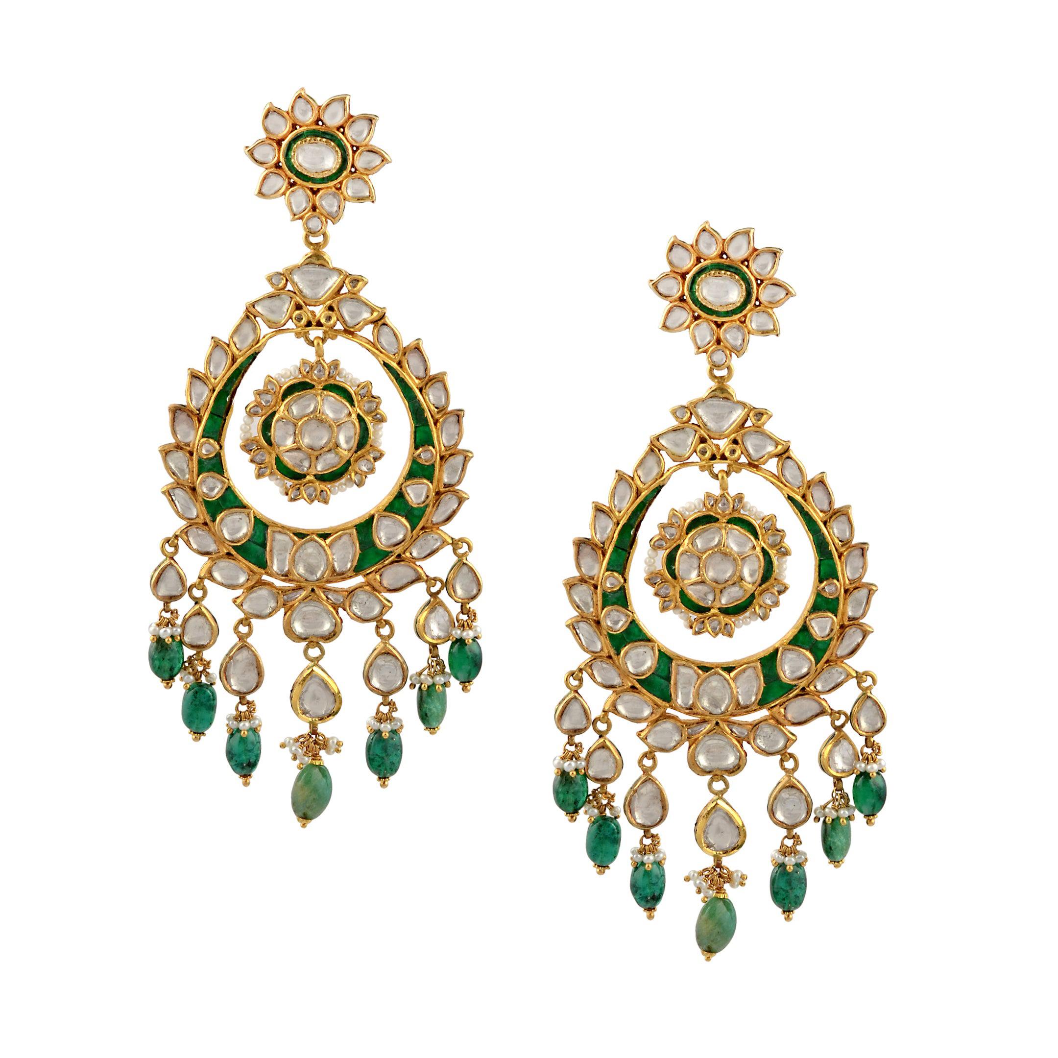 Traditional Kundan Polki Rose Cut Diamond 18 Kt Gold Chand Bali Enamel +  Emerald For Sale at 1stDibs