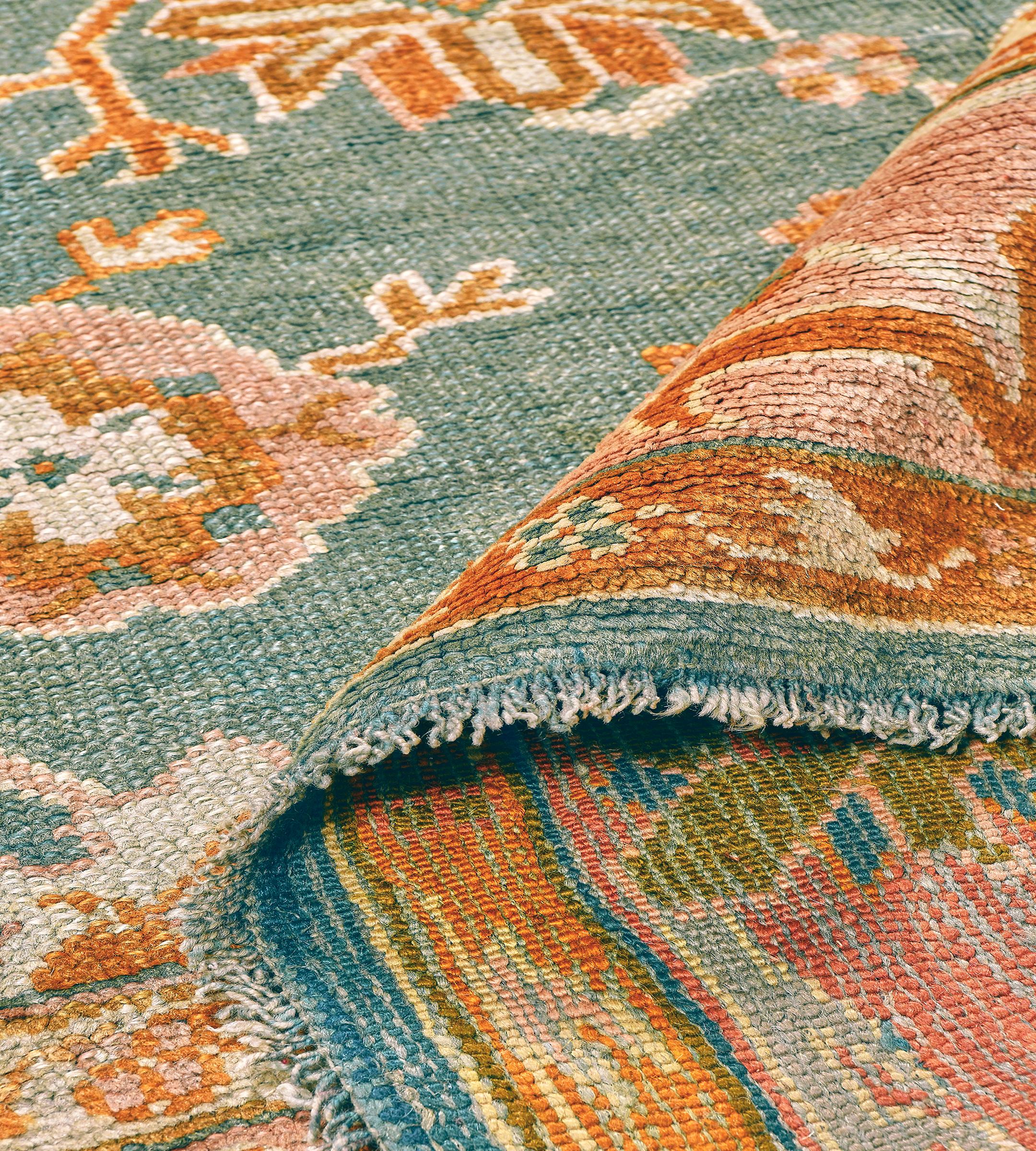 Traditional Late 19th Century Floral Teal Oushak Rug from West Anatolia For Sale 4
