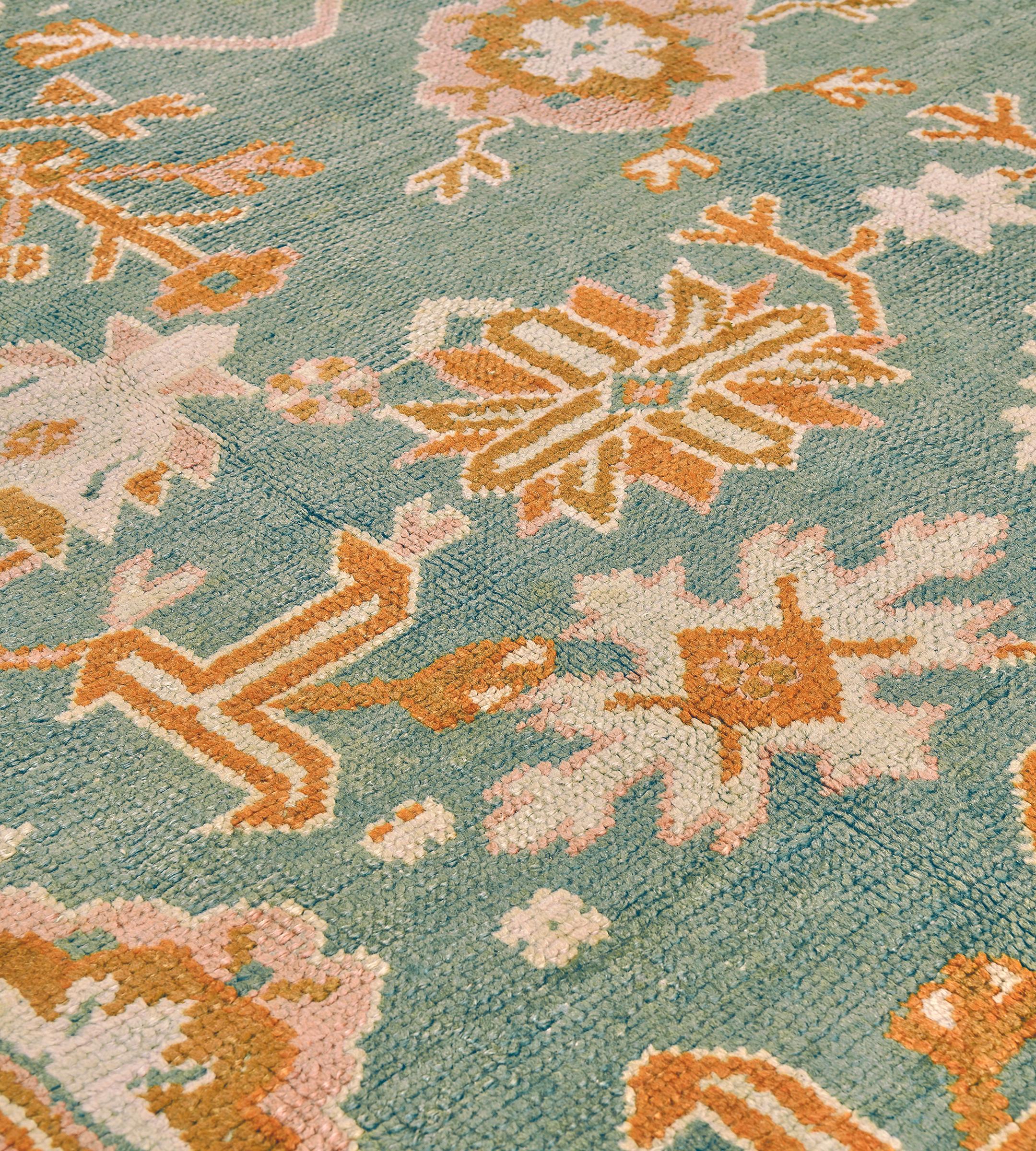 Turkish Traditional Late 19th Century Floral Teal Oushak Rug from West Anatolia For Sale