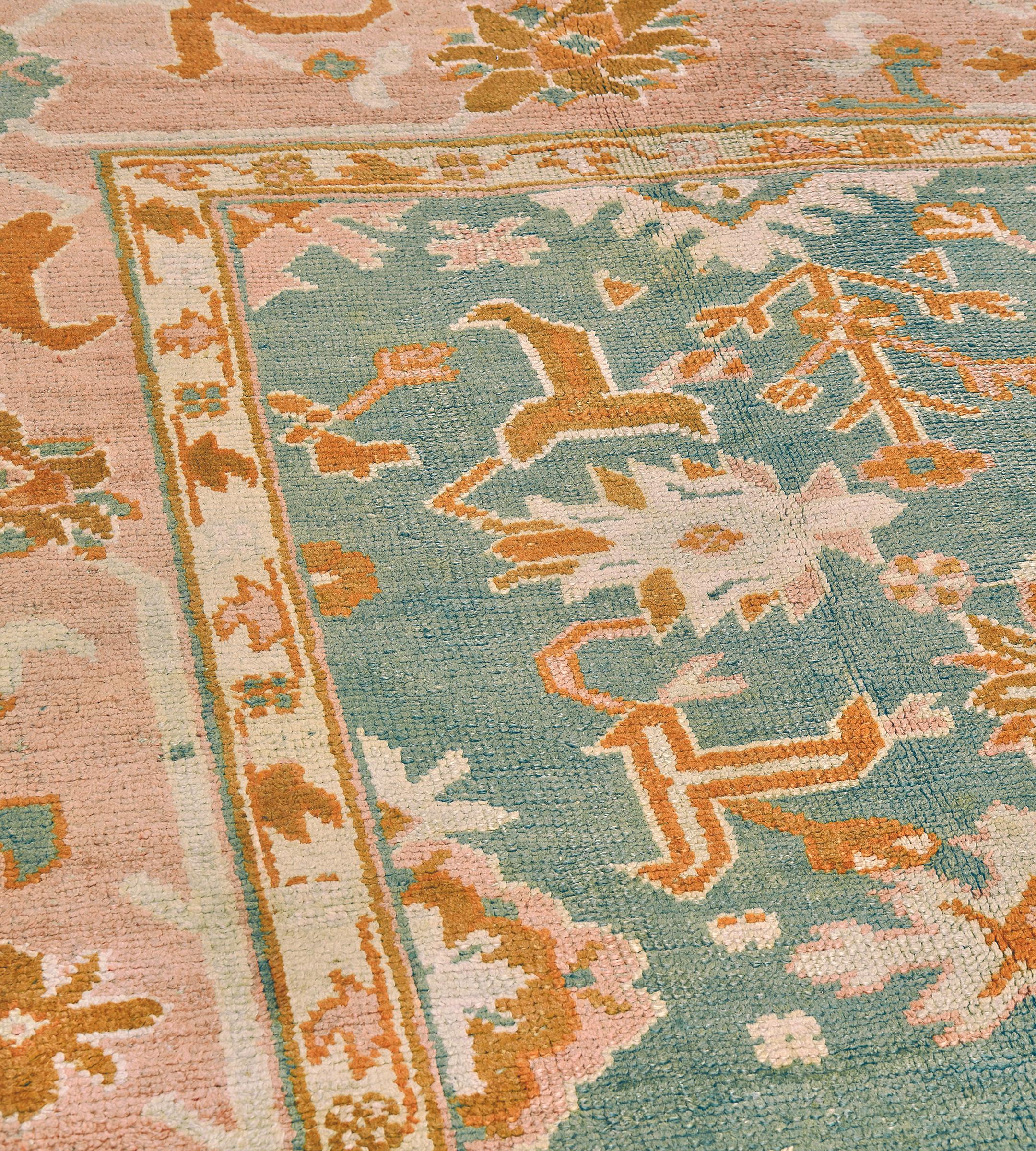 Hand-Knotted Traditional Late 19th Century Floral Teal Oushak Rug from West Anatolia For Sale
