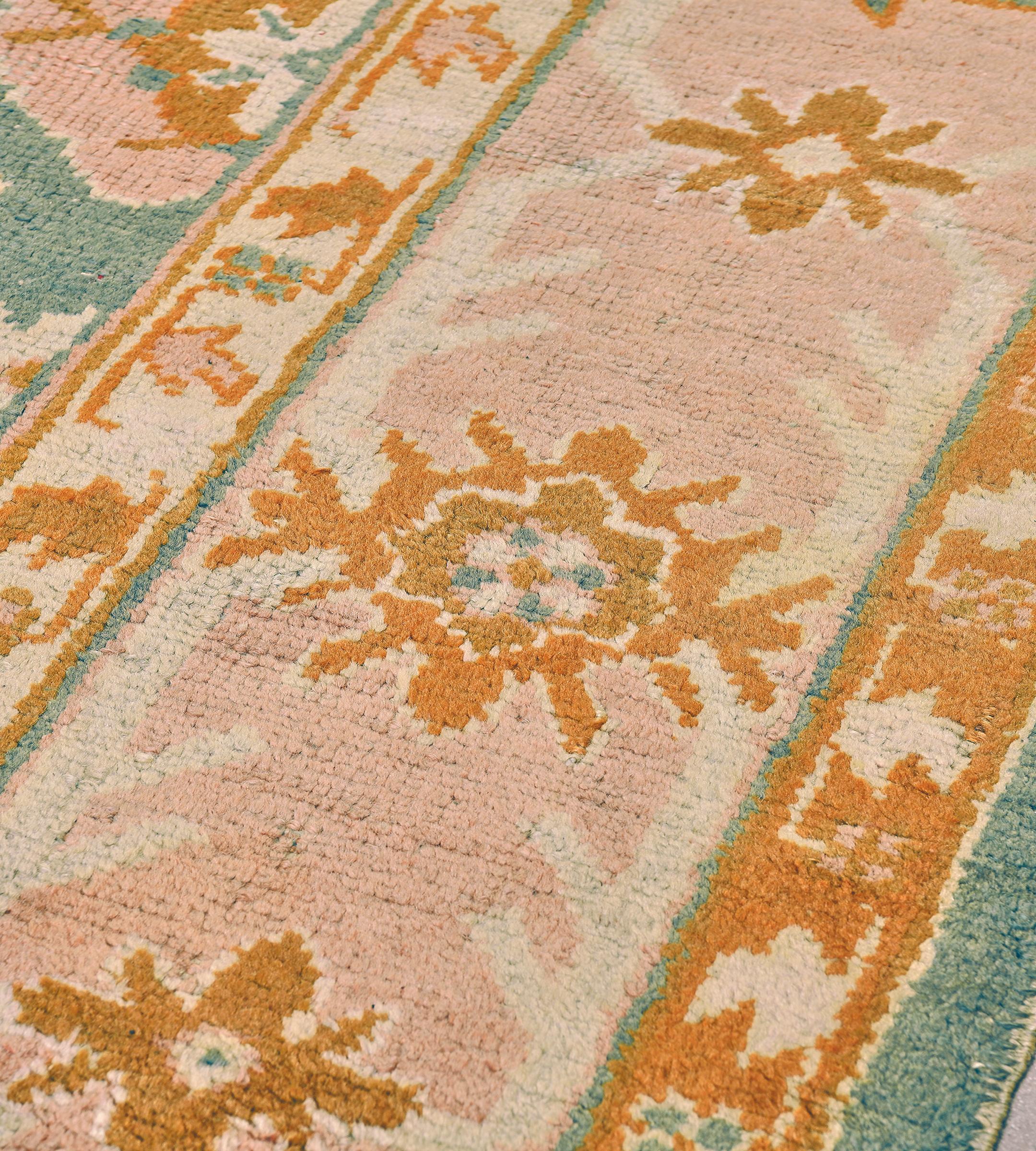 Wool Traditional Late 19th Century Floral Teal Oushak Rug from West Anatolia For Sale