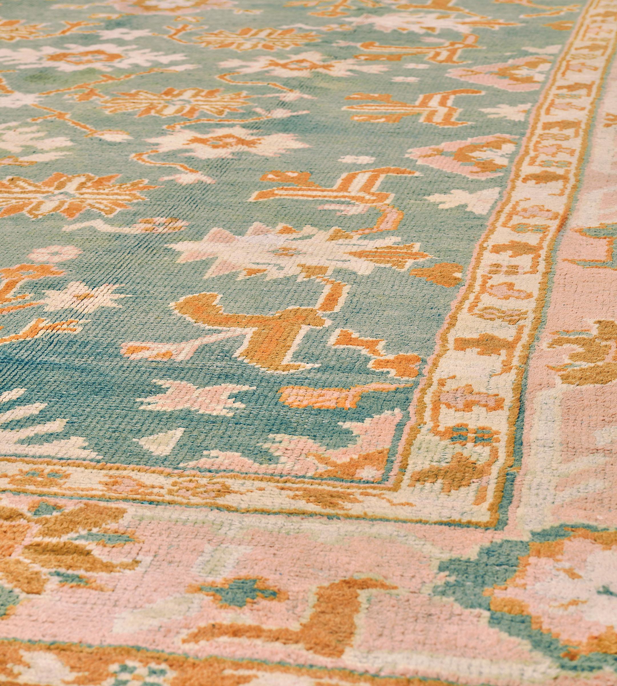 Traditional Late 19th Century Floral Teal Oushak Rug from West Anatolia For Sale 1