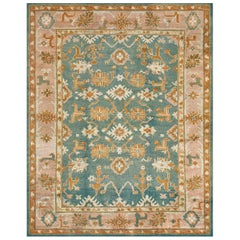 Traditioneller geblümter Teal Oushak-Teal-Teppich aus West Anatolien aus dem späten 19. Jahrhundert