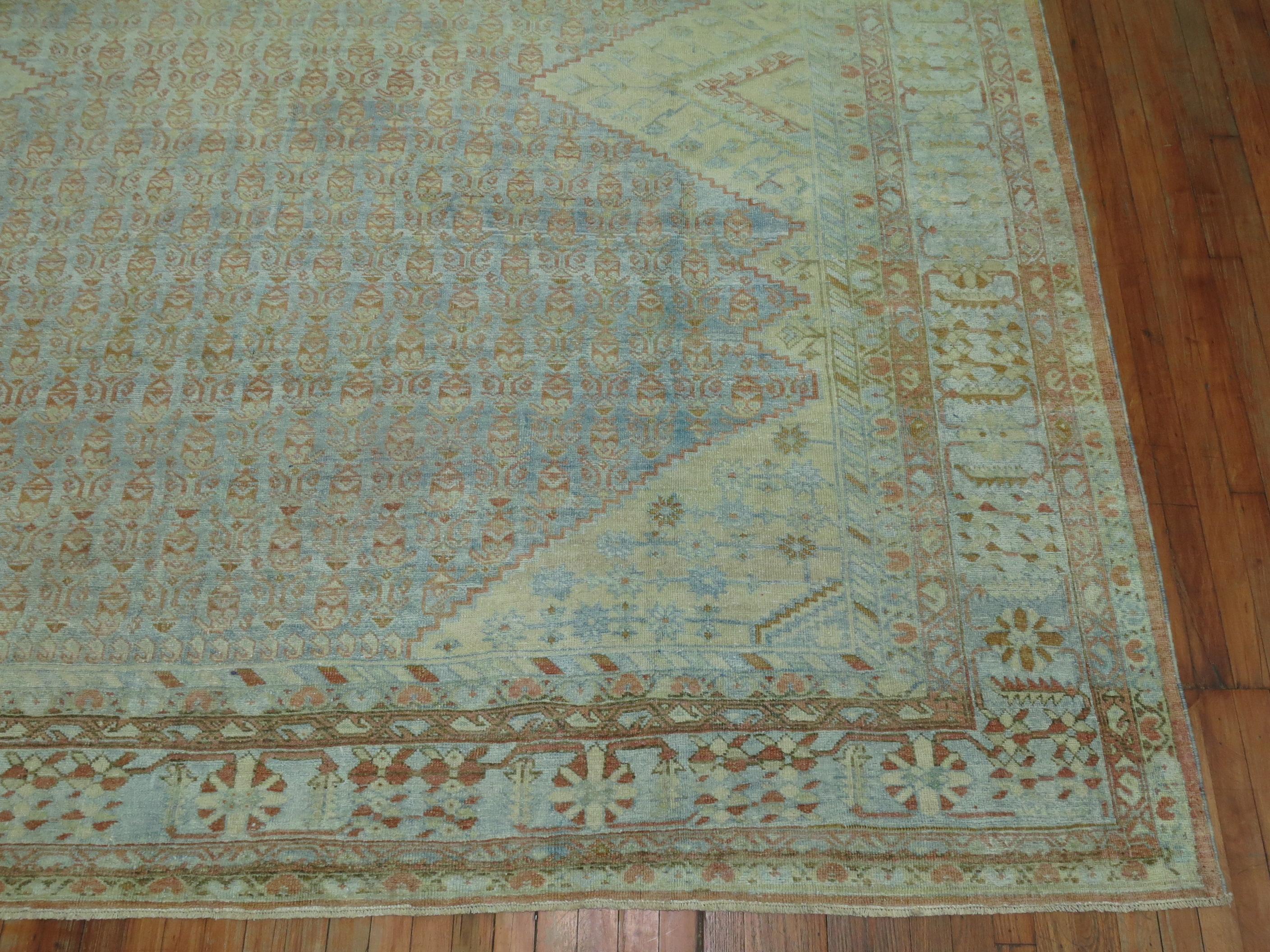 Wool Traditional Light Blue Room Size Antique Persian Mahal Rug, Early 20th Century