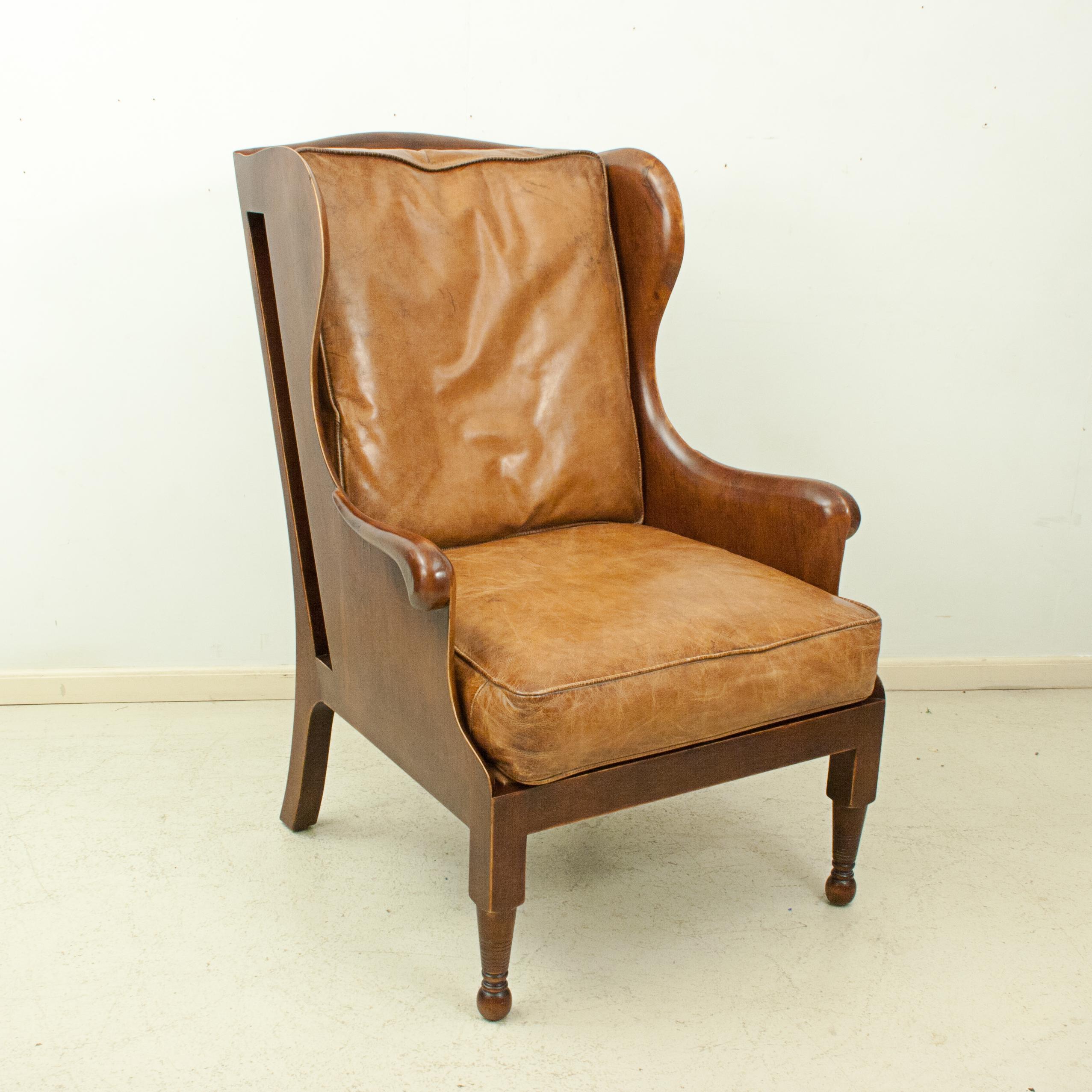 Contemporary Traditional Style Mahogany and Tan Leather Wing Armchair, Loose Cushions