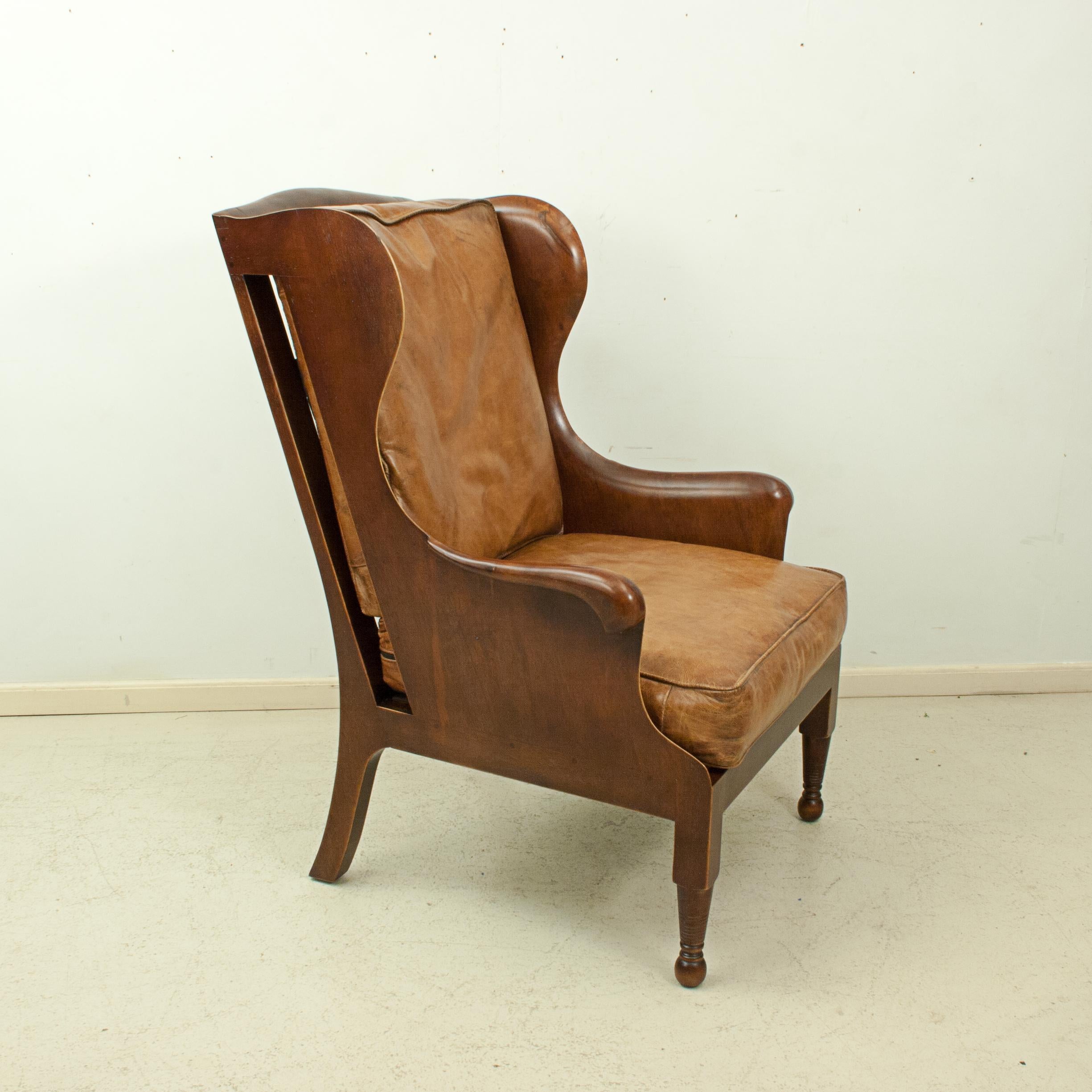 Traditional Style Mahogany and Tan Leather Wing Armchair, Loose Cushions 1
