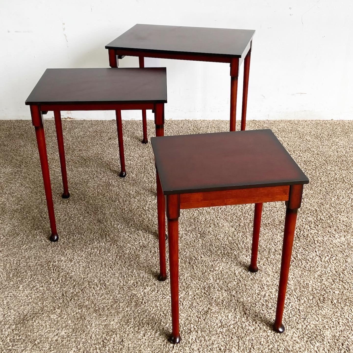 Experience elegance with our set of 3 Traditional Mahogany Nesting Tables from Bombay Company. Combining vintage luxury, versatility, and convenience.

Meticulously crafted from premium mahogany wood.
Timeless rich hue adds warmth to any