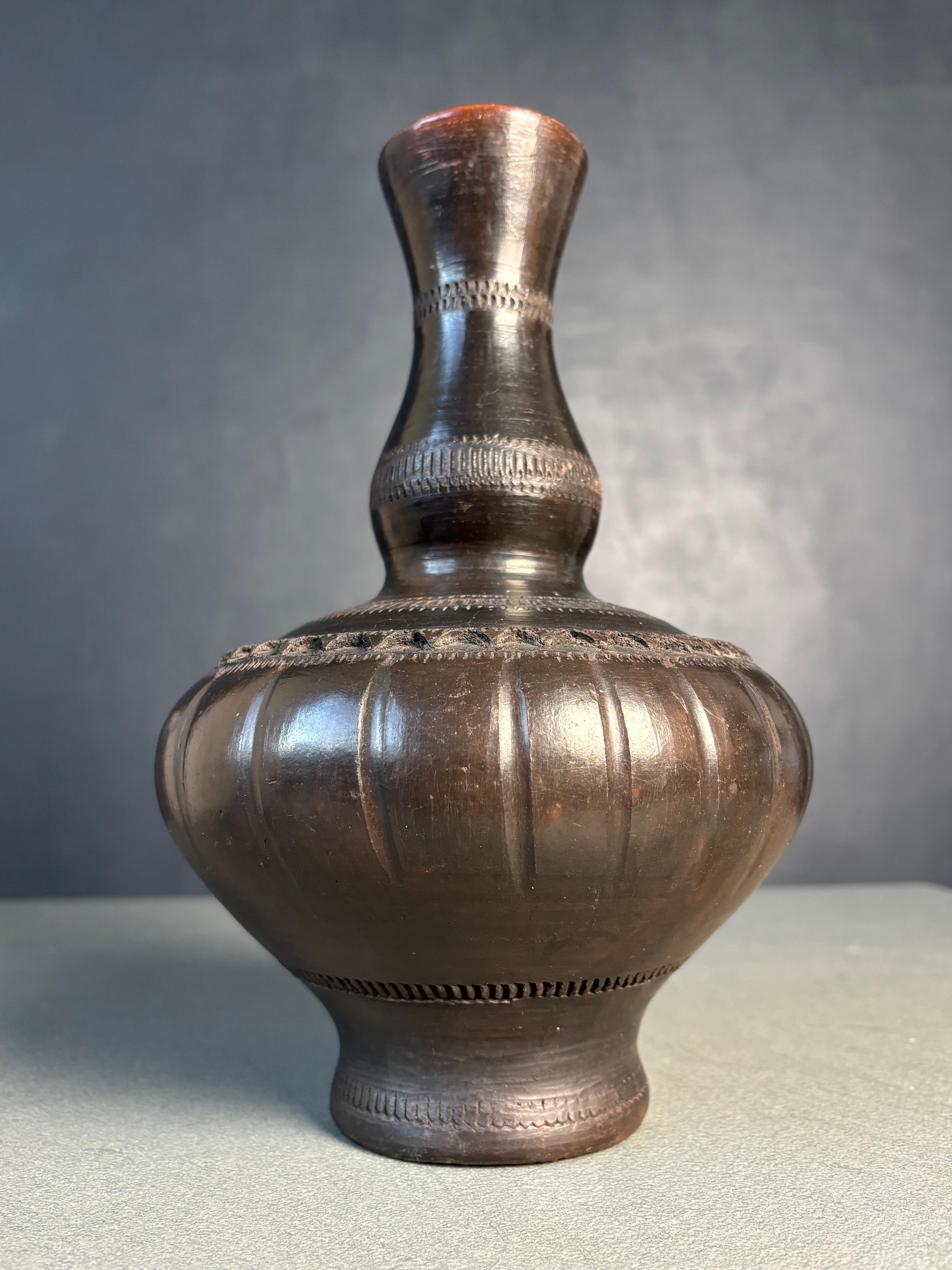 Ceramic Antique Traditional Malaysian Hand-Carved Folk Art Carafe, Early 1900s For Sale