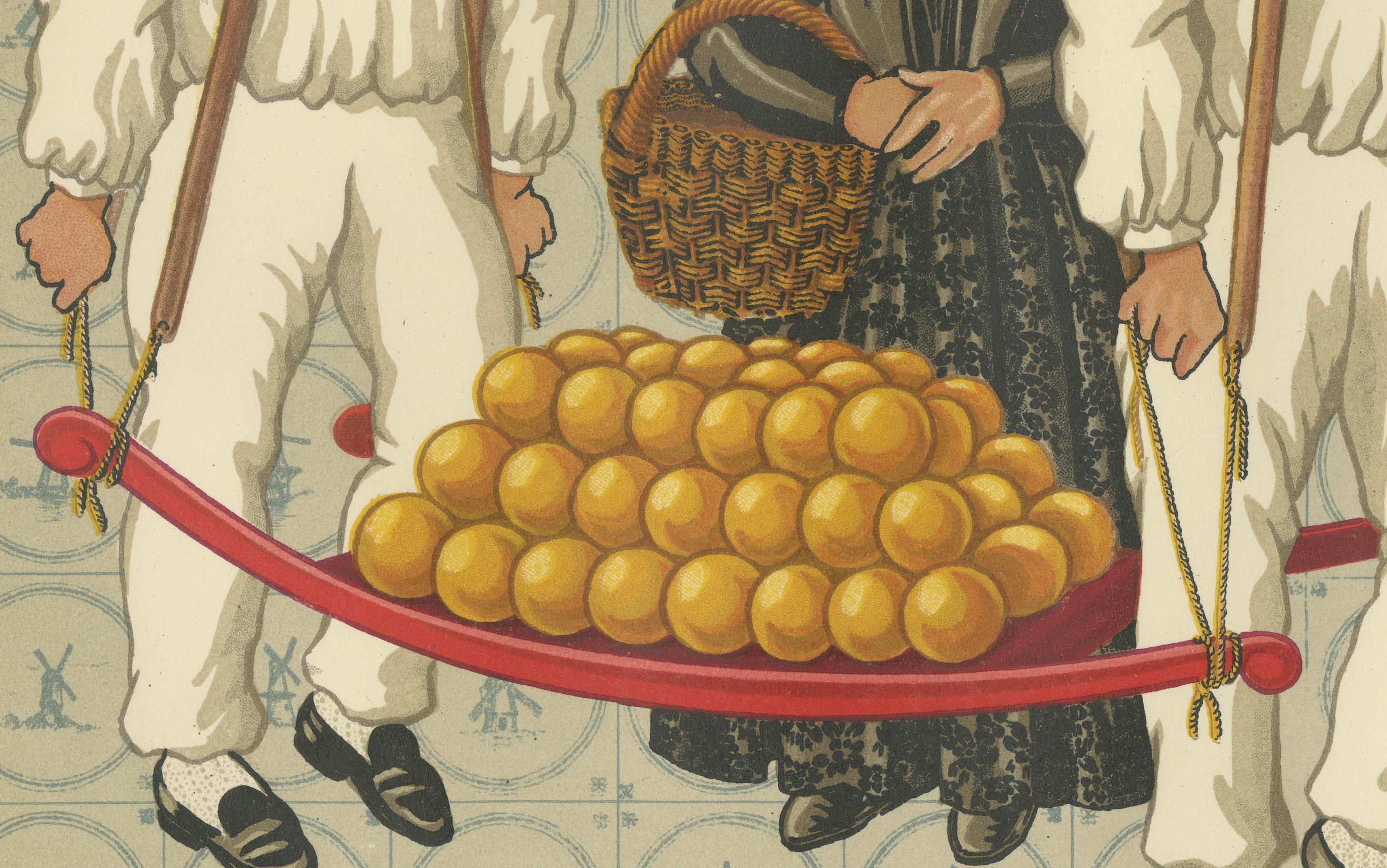 Traditionelle Markttagkostüme und Käseporter von Westfriesland, um 1930

Diese lebendige Originallithografie aus der Zeit um 1930 zeigt eine dynamische und farbenfrohe Szene des Marktlebens in Westfriesland, einer historischen Region in den