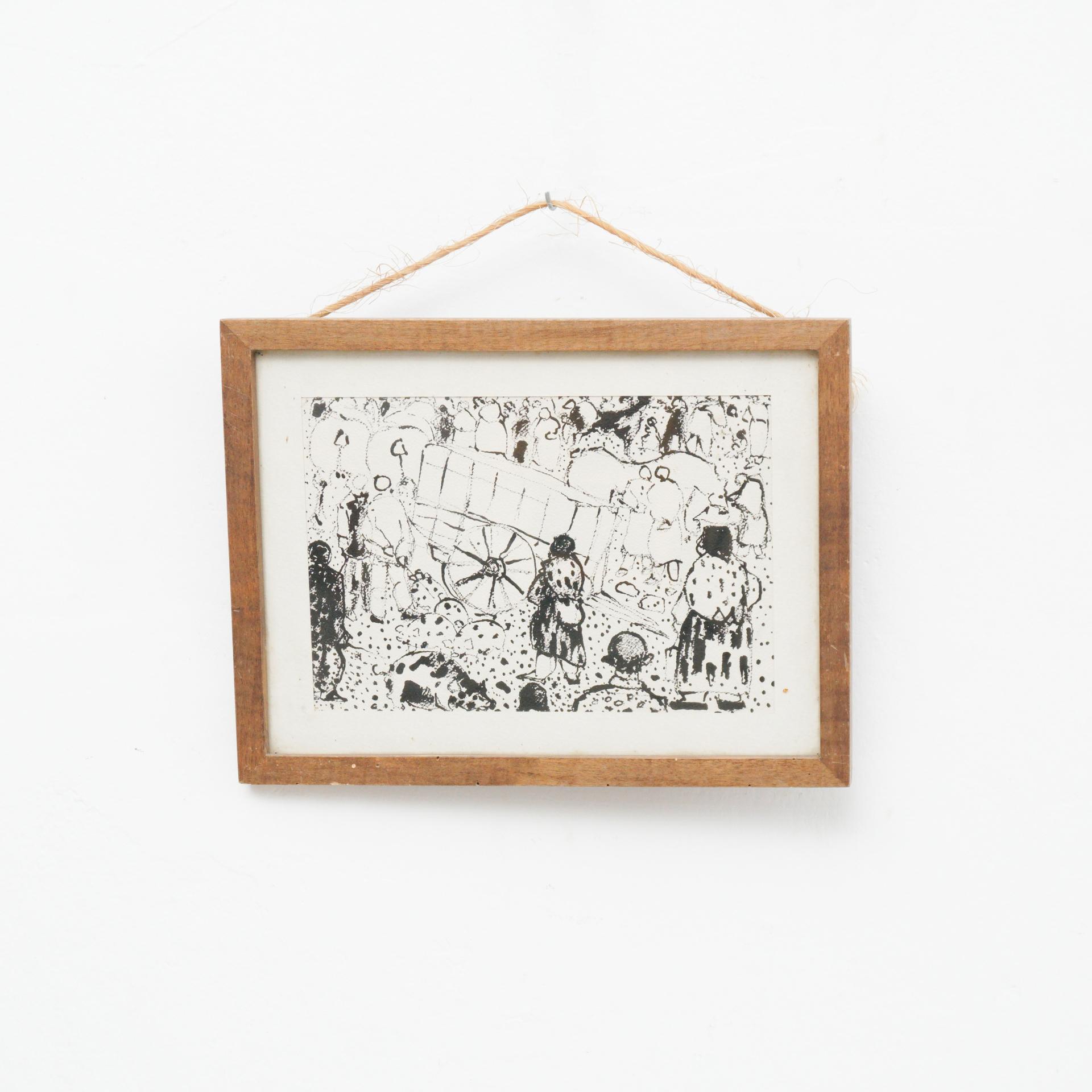 Mid-Century Modern Traditional Mid 20th Century Ink Painting Framed For Sale
