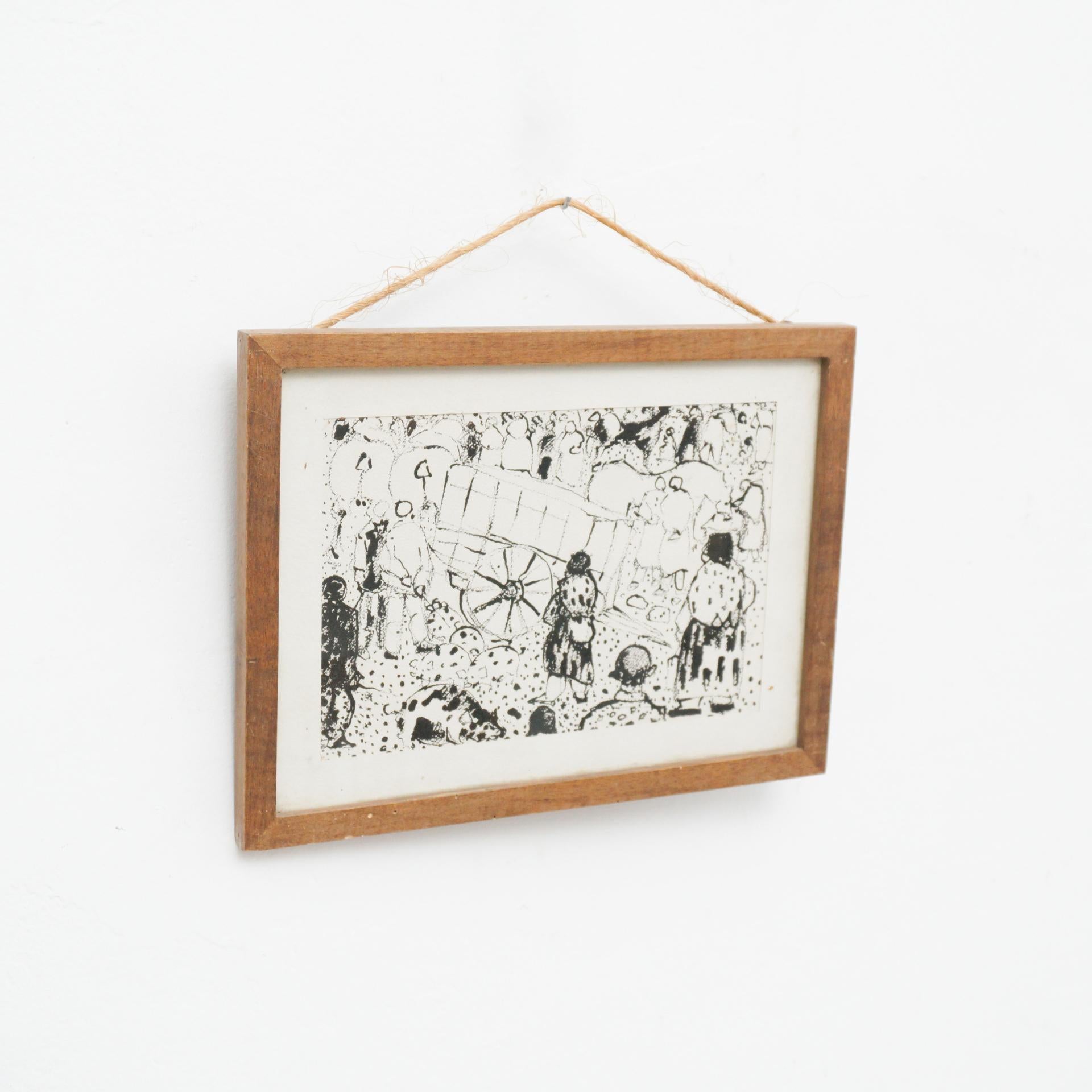 Spanish Traditional Mid 20th Century Ink Painting Framed For Sale