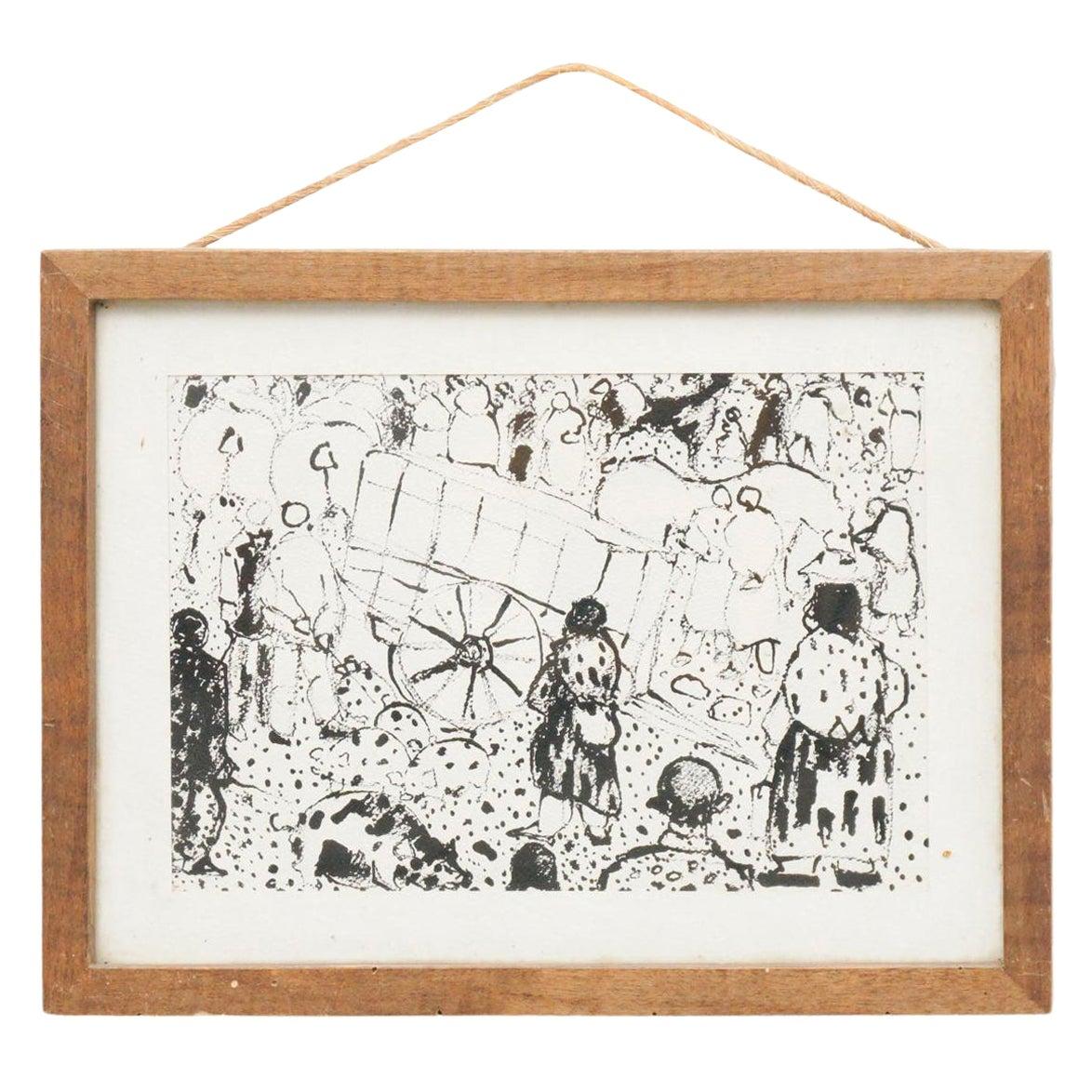 Traditional Mid 20th Century Ink Painting Framed