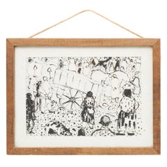 Vintage Traditional Mid 20th Century Ink Painting Framed