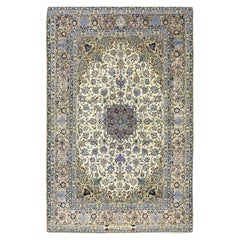 Traditional Mid Century Modern Beige Floral 4 Star Isfahan Handknotted Silk Rug