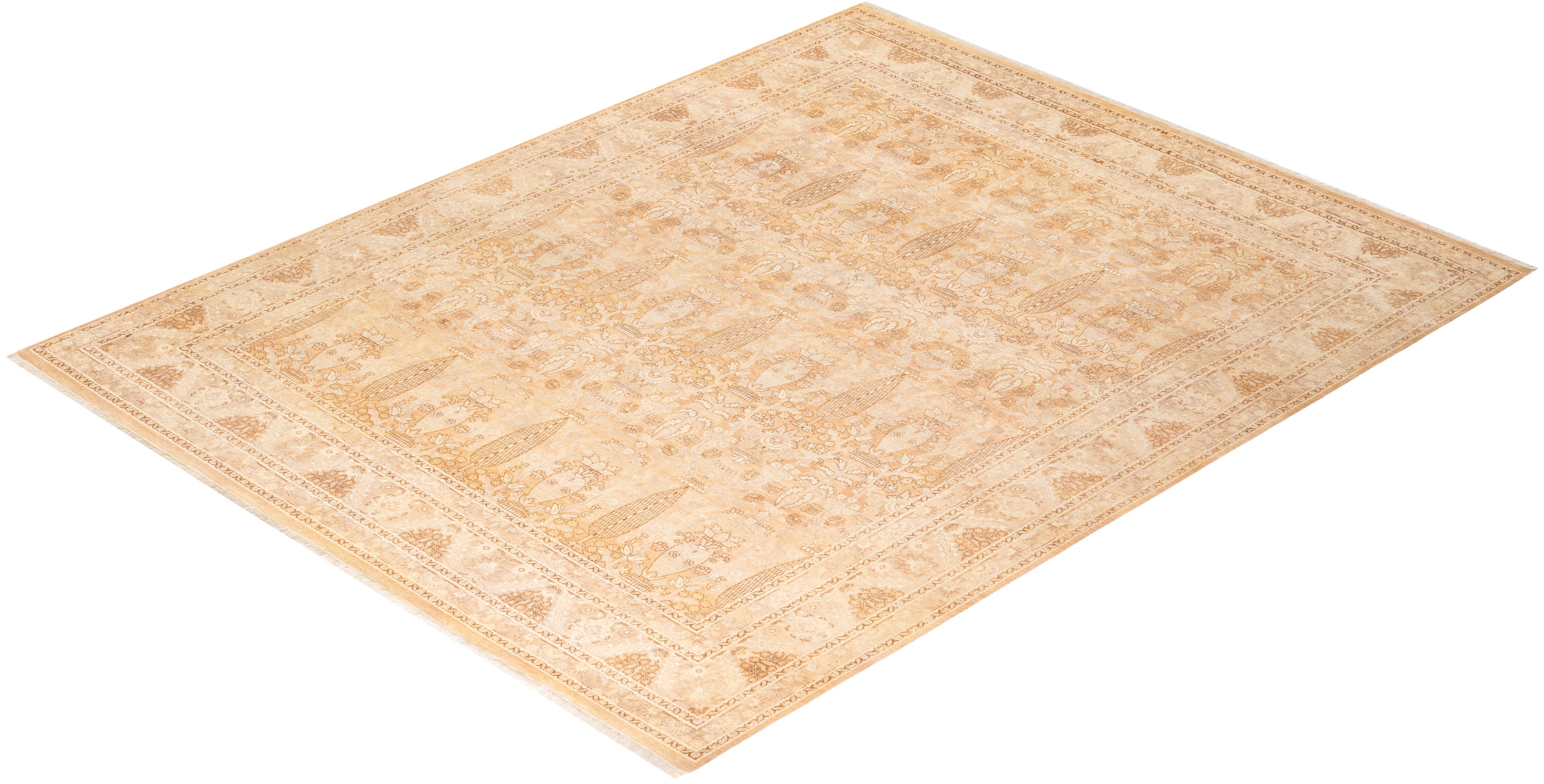 Traditional Mogul Hand Knotted Wool Beige Area Rug For Sale 3