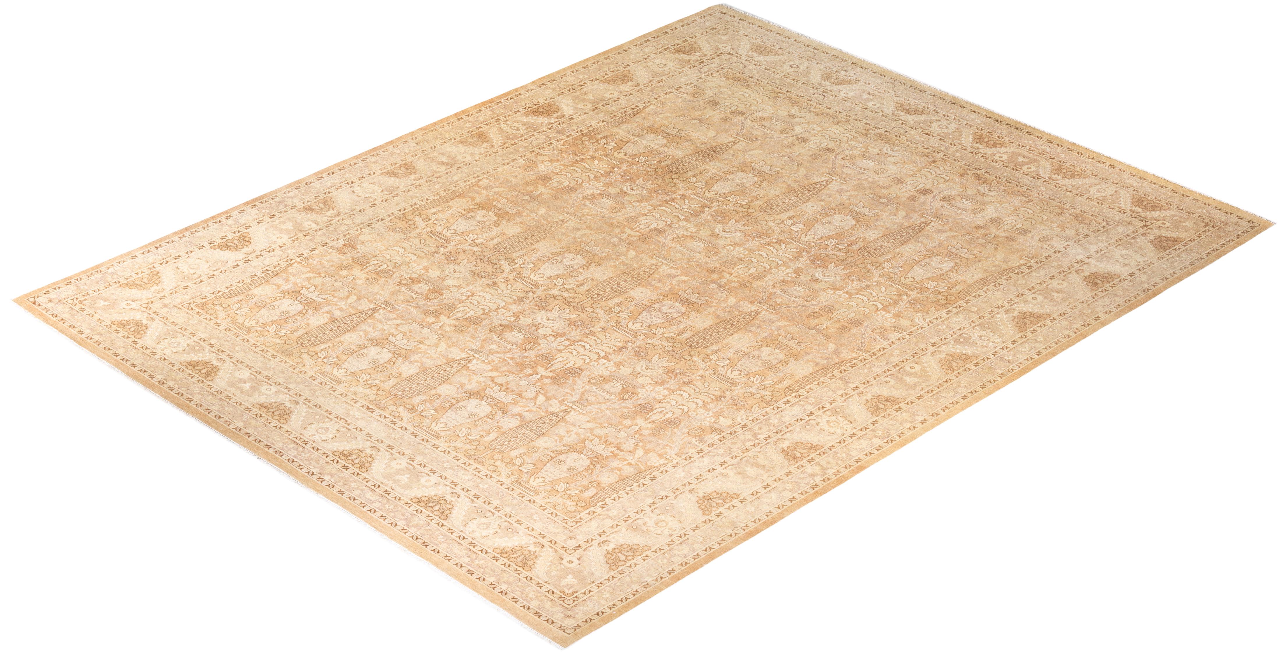 Traditional Mogul Hand Knotted Wool Beige Area Rug For Sale 3