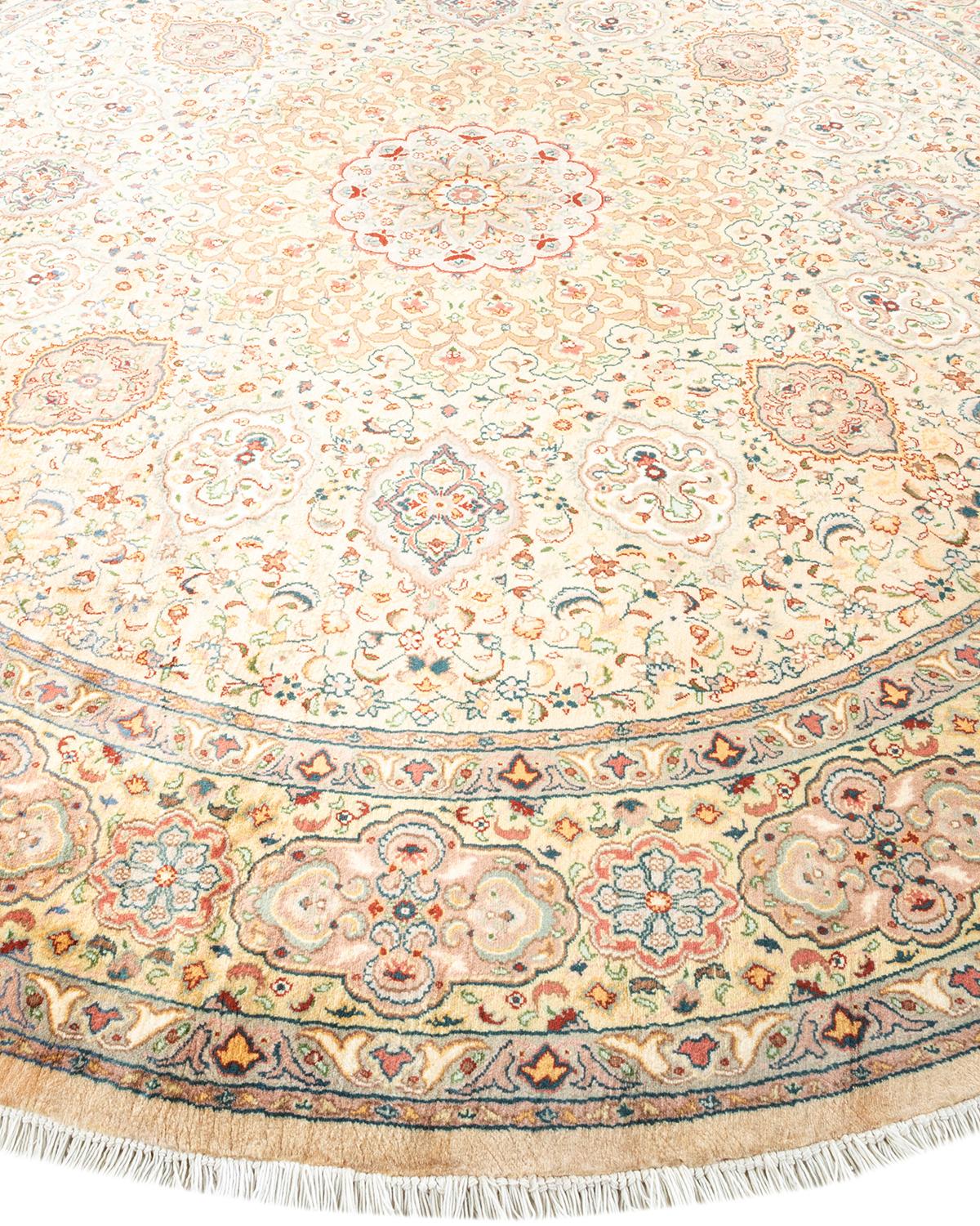 Traditional Mogul Hand Knotted Wool Beige Round Area Rug In New Condition For Sale In Norwalk, CT