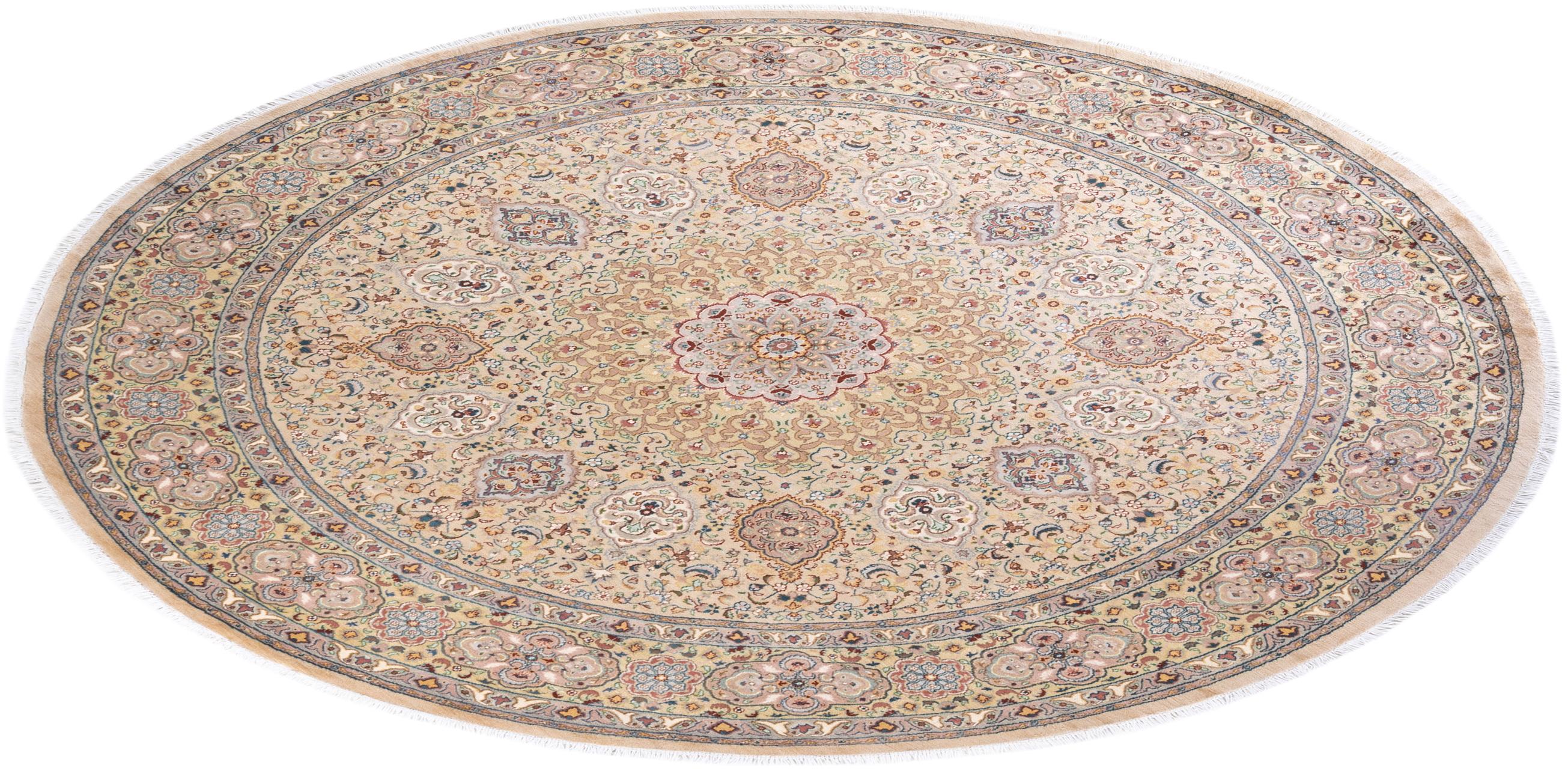 Traditional Mogul Hand Knotted Wool Beige Round Area Rug For Sale 3