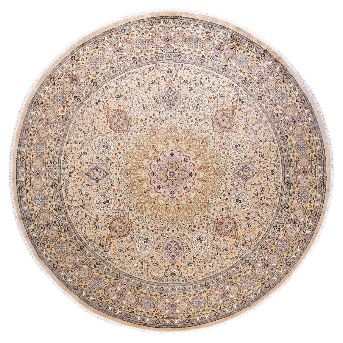 Traditional Mogul Hand Knotted Wool Beige Round Area Rug