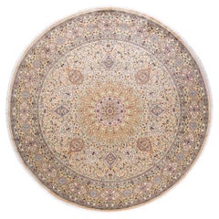 Traditional Mogul Hand Knotted Wool Beige Round Area Rug