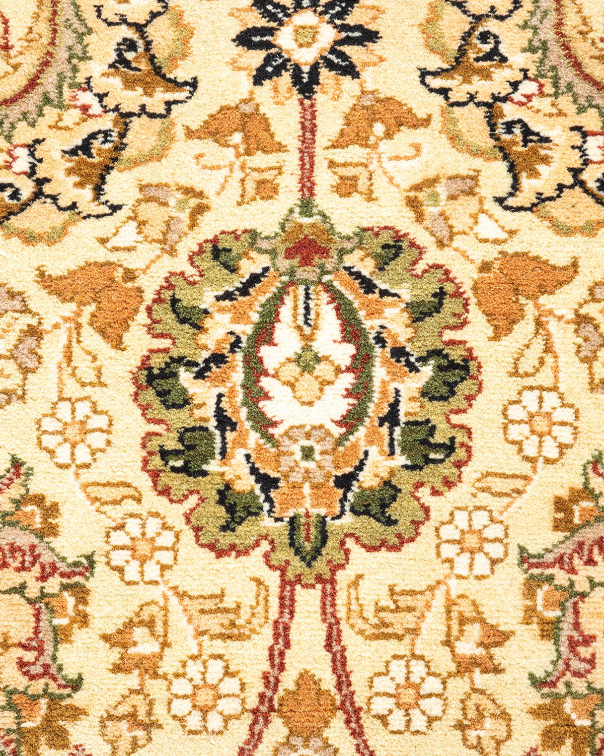 Pakistani Traditional Mogul Hand Knotted Wool Beige Runner For Sale