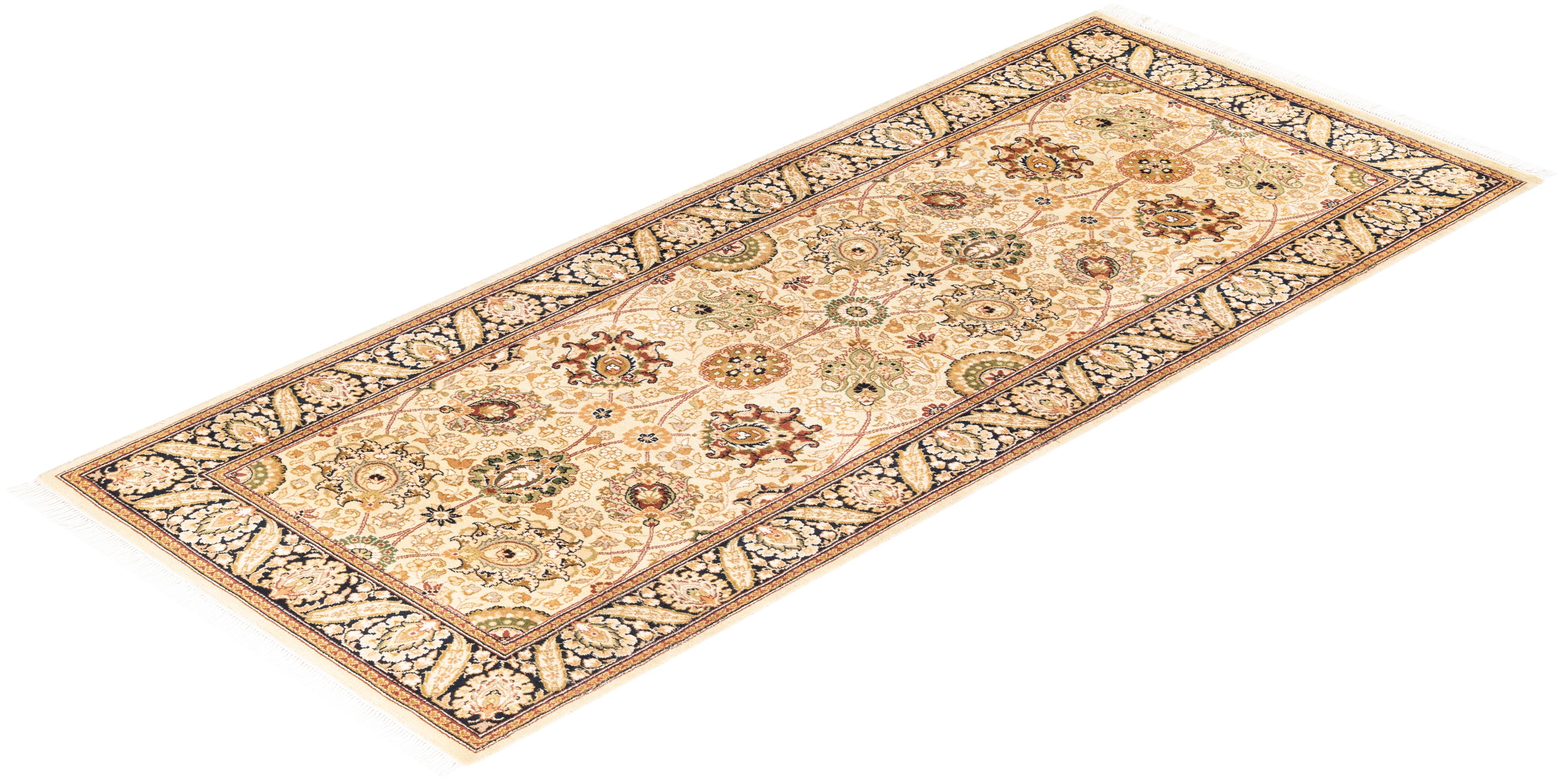 Traditional Mogul Hand Knotted Wool Beige Runner For Sale 3