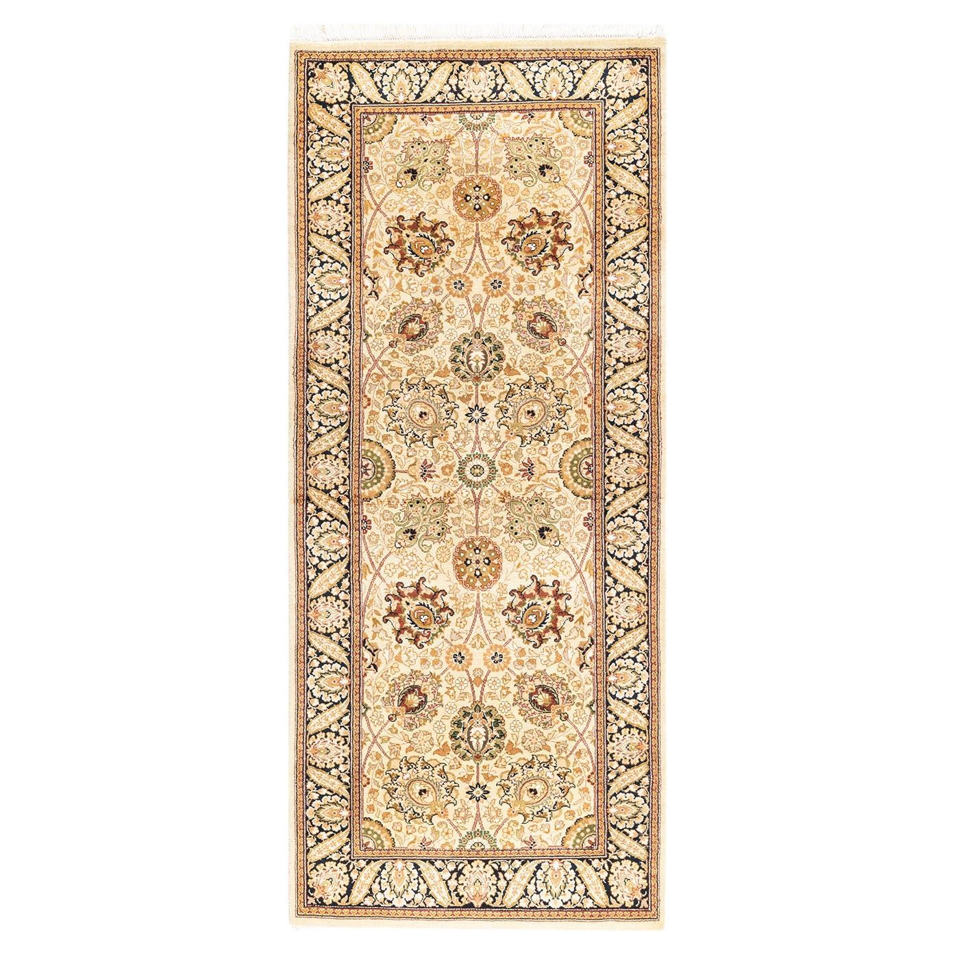 Traditional Mogul Hand Knotted Wool Beige Runner For Sale
