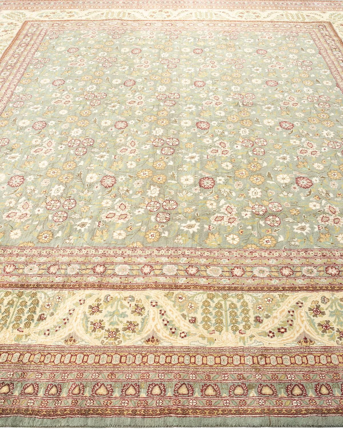 Traditional Mogul Hand Knotted Wool Beige Square Area Rug In New Condition For Sale In Norwalk, CT