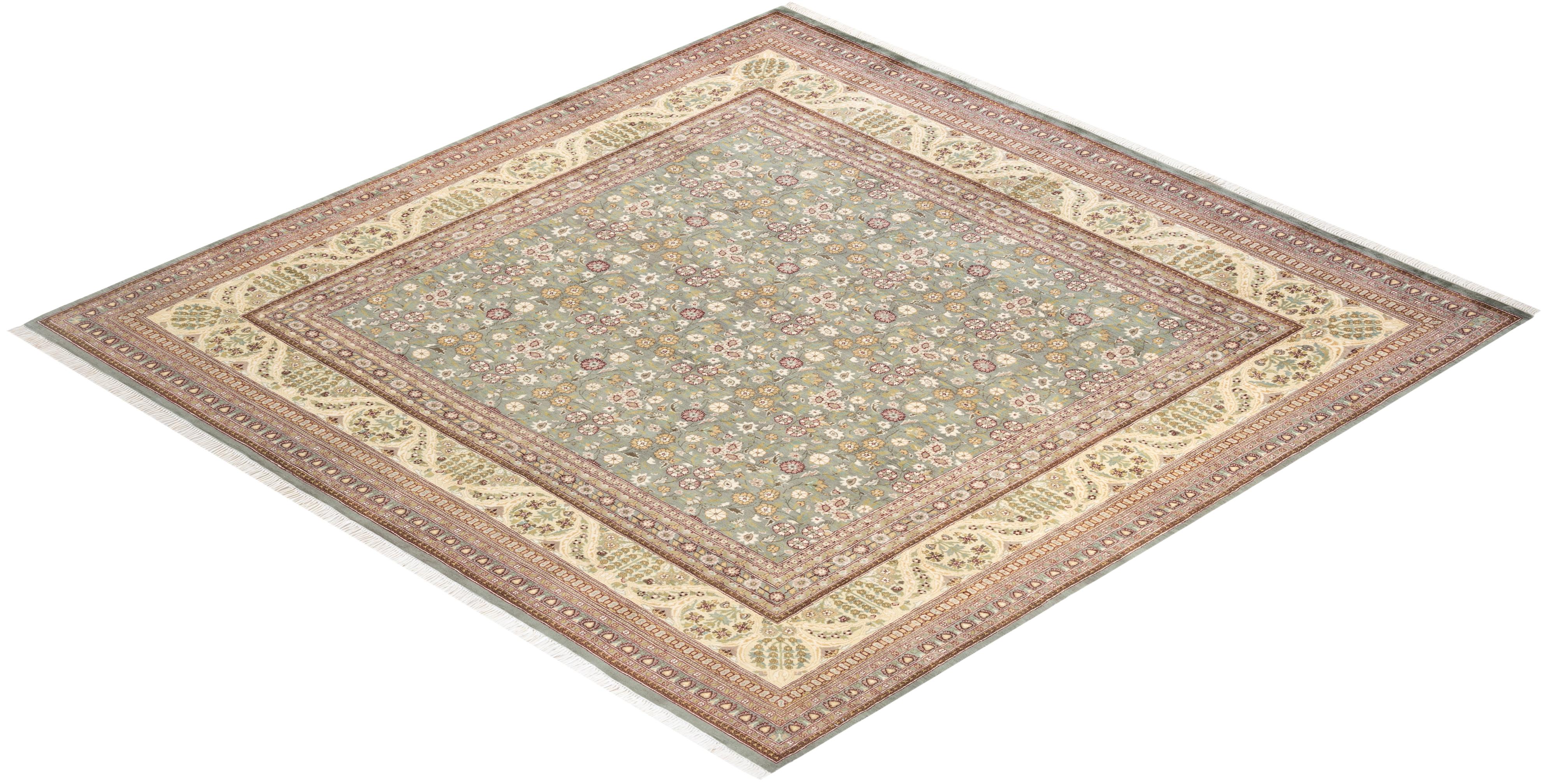 Traditional Mogul Hand Knotted Wool Beige Square Area Rug For Sale 3