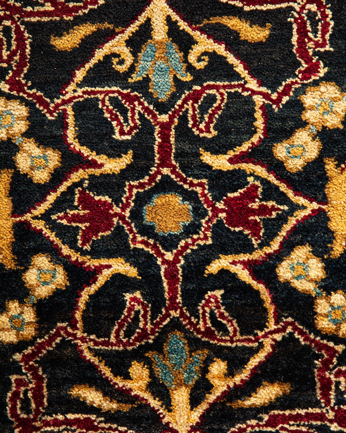 Pakistani Traditional Mogul Hand Knotted Wool Black Area Rug  For Sale