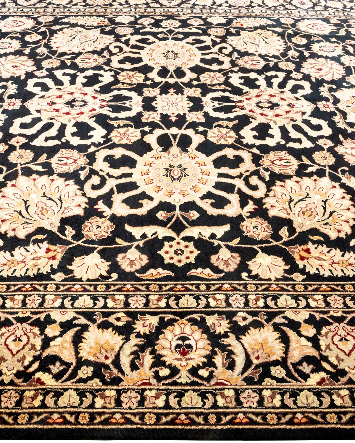 Traditional Mogul Hand Knotted Wool Black Area Rug In New Condition For Sale In Norwalk, CT