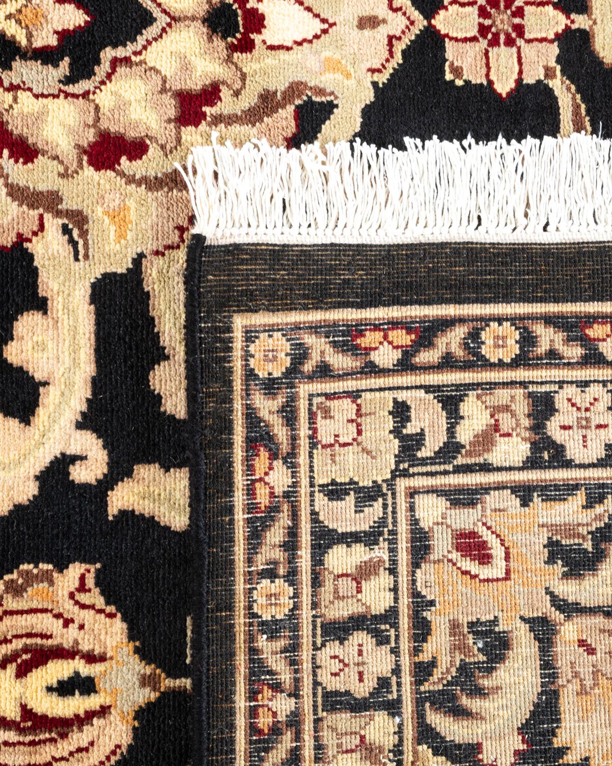Contemporary Traditional Mogul Hand Knotted Wool Black Area Rug For Sale