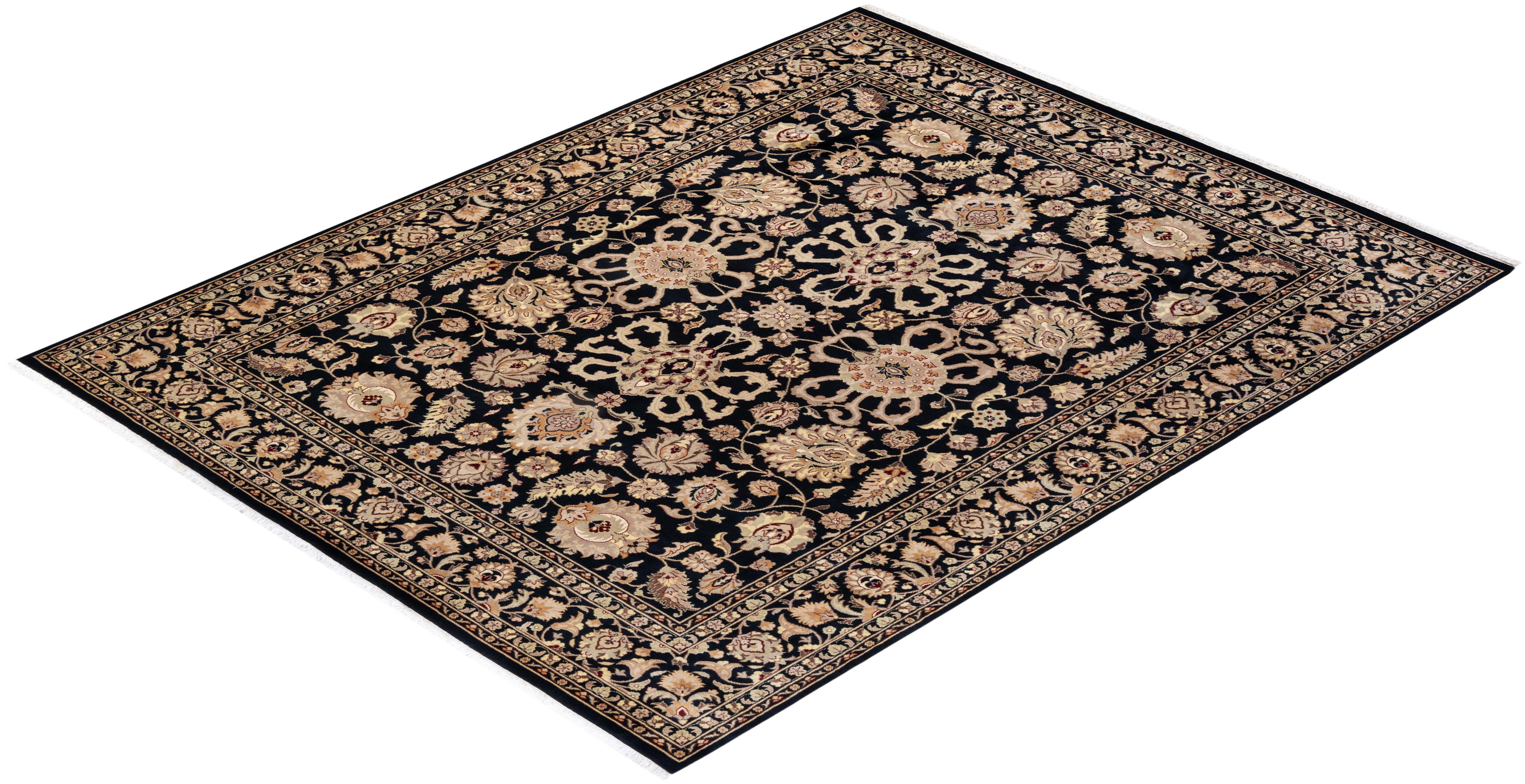 Traditional Mogul Hand Knotted Wool Black Area Rug For Sale 3
