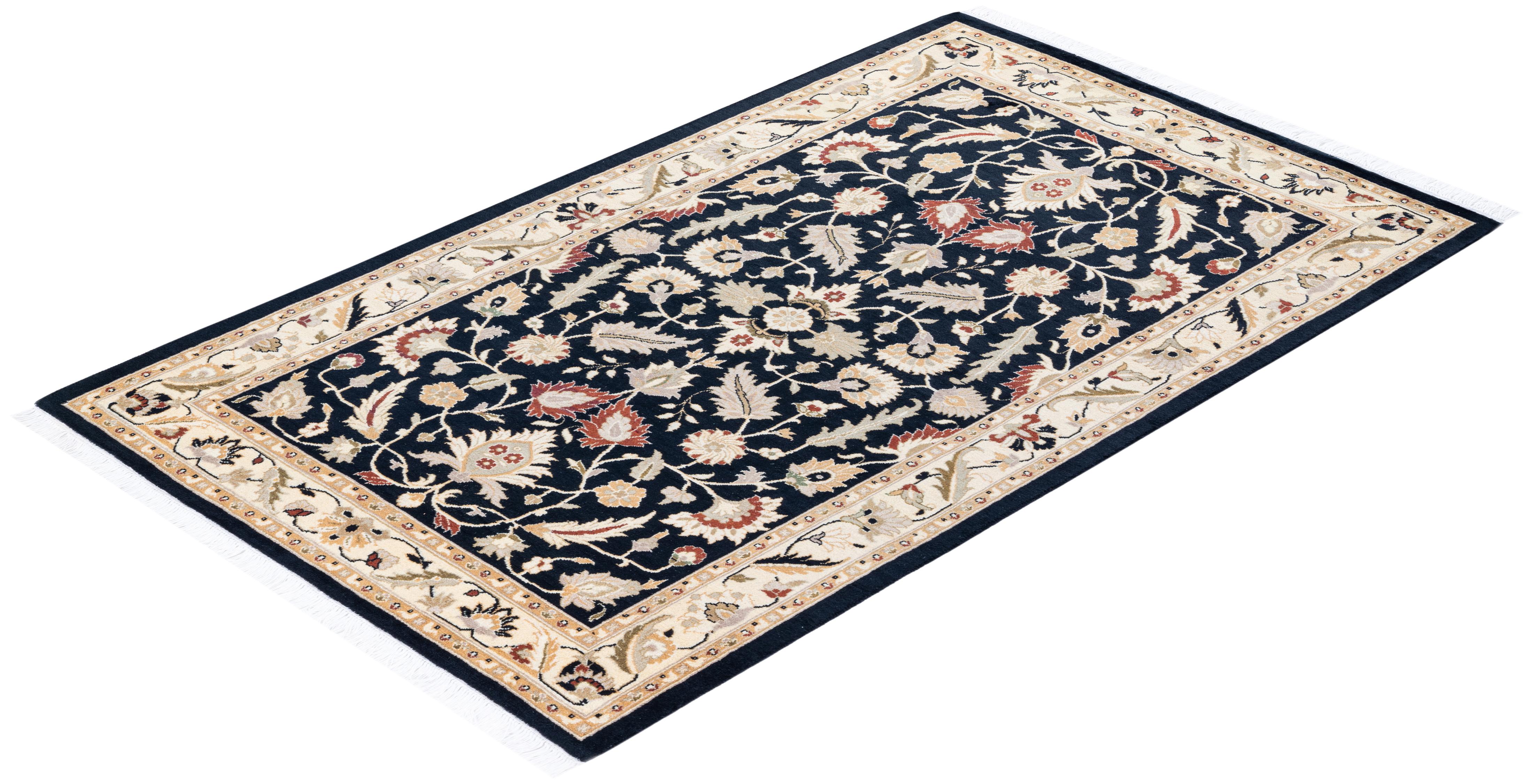 Traditional Mogul Hand Knotted Wool Black Area Rug For Sale 3