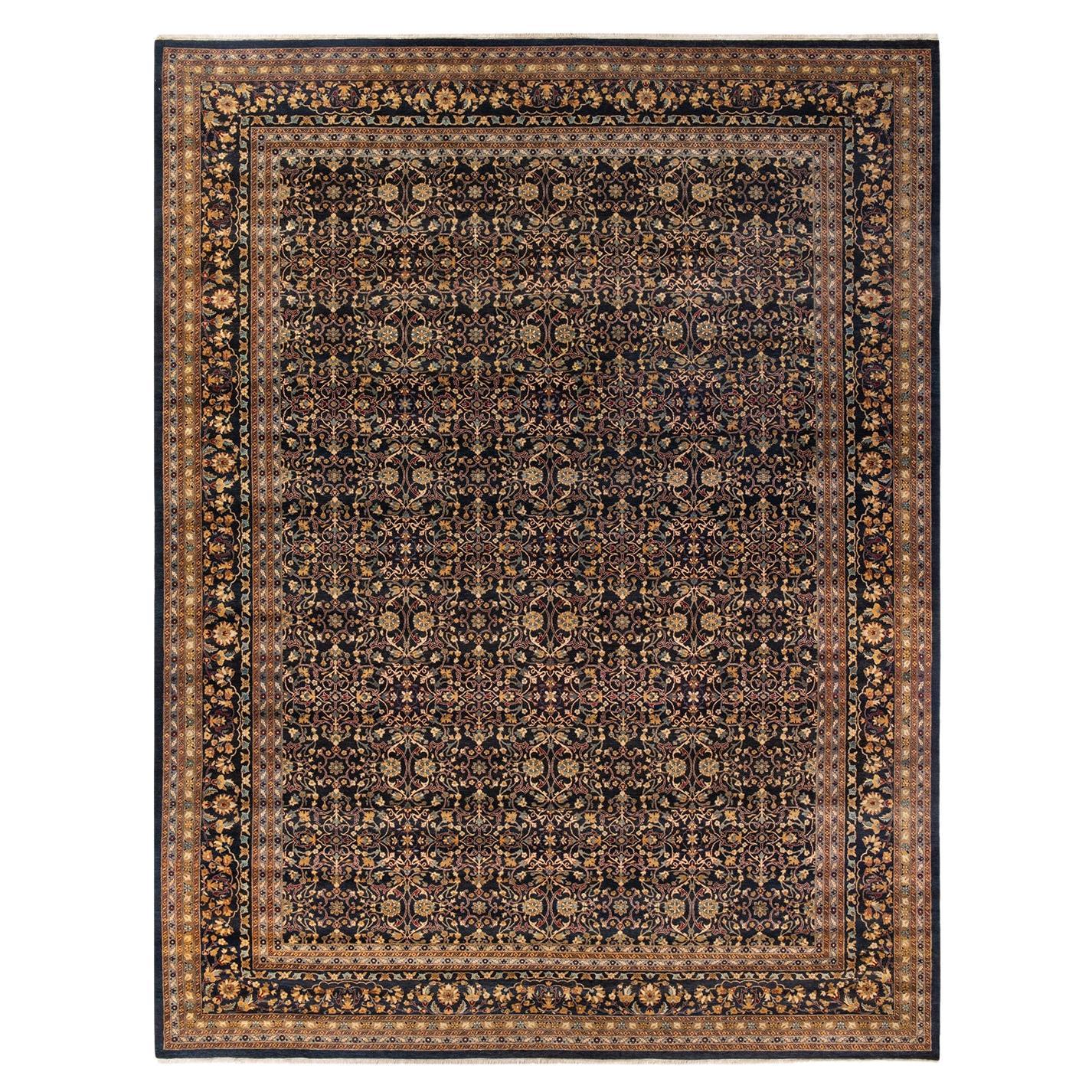 Traditional Mogul Hand Knotted Wool Black Area Rug 