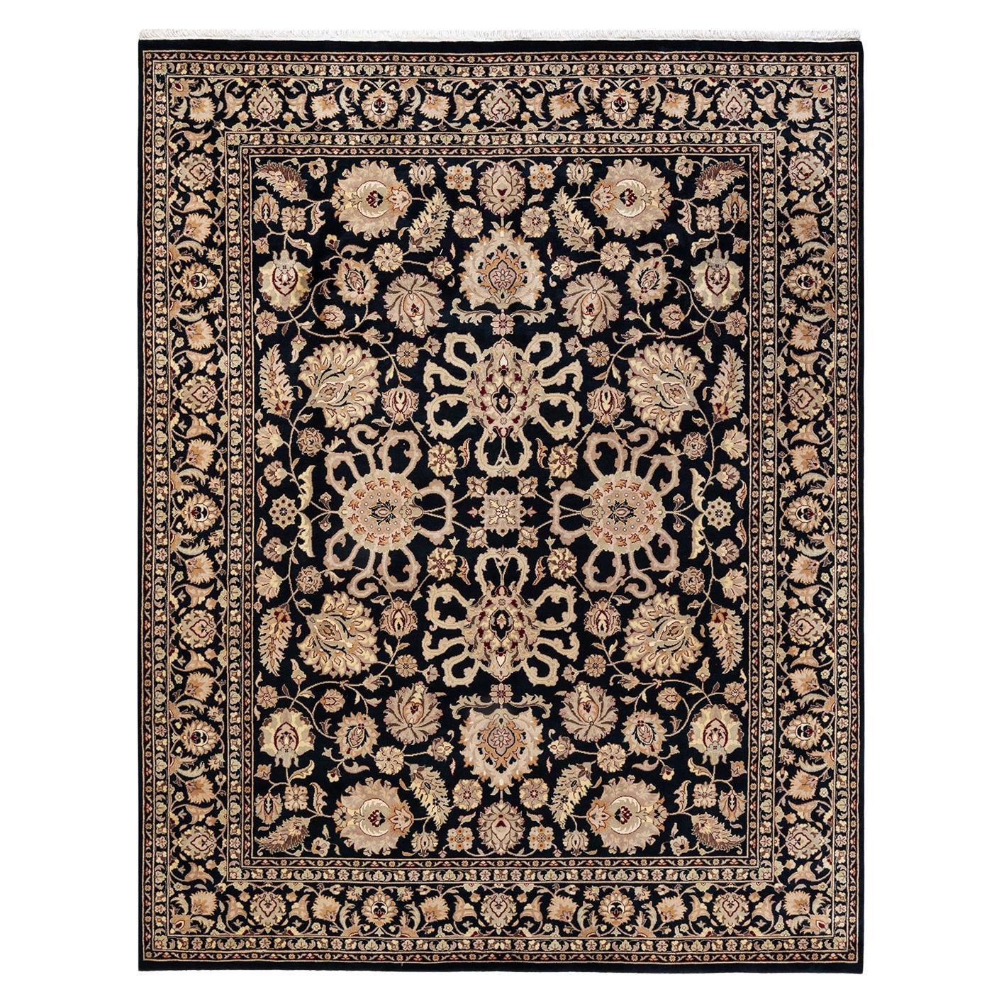 Traditional Mogul Hand Knotted Wool Black Area Rug For Sale