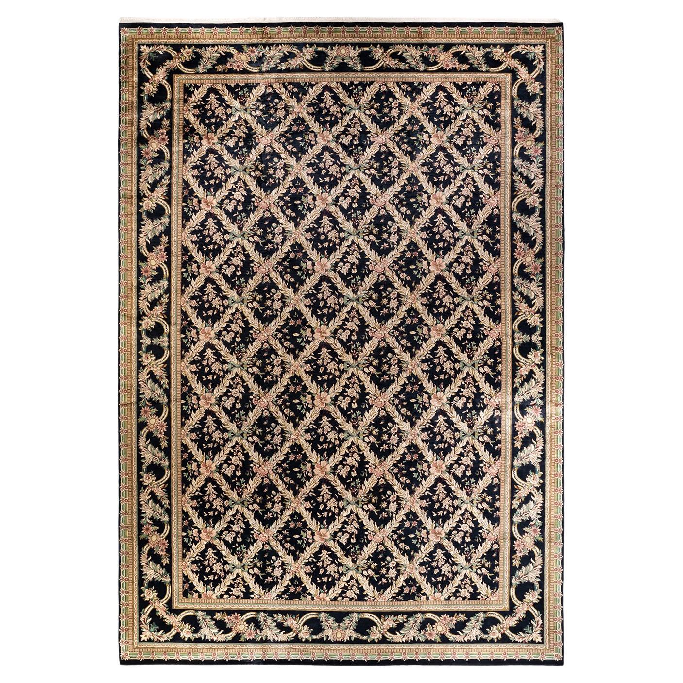 Traditional Mogul Hand Knotted Wool Black Area Rug