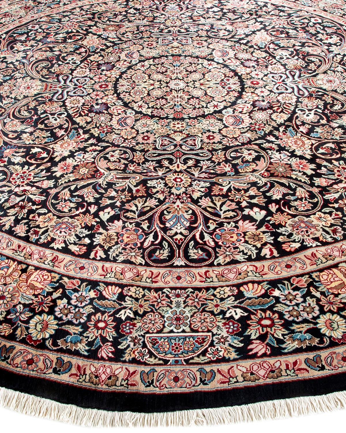 Traditional Mogul Hand Knotted Wool Black Round Area Rug In New Condition For Sale In Norwalk, CT