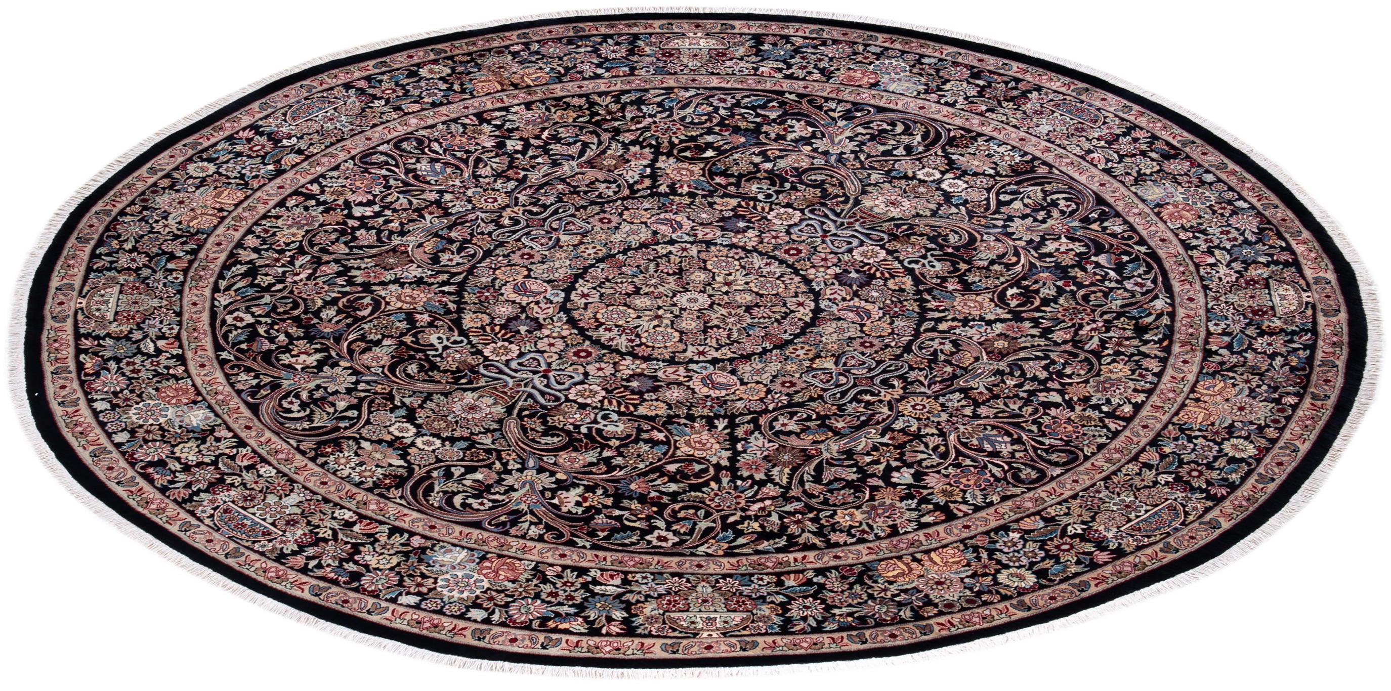 Traditional Mogul Hand Knotted Wool Black Round Area Rug For Sale 3