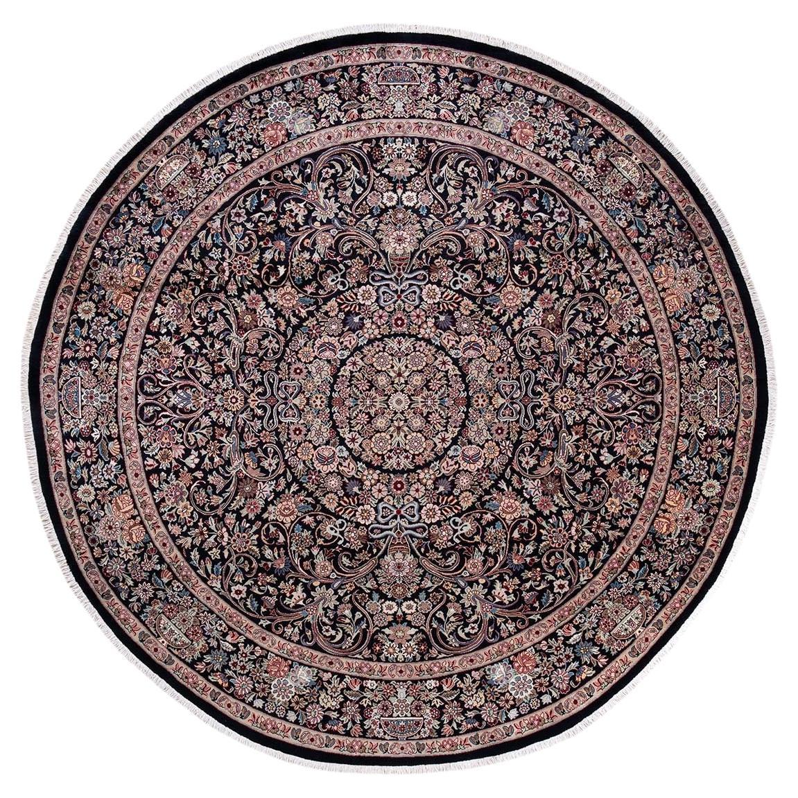 Traditional Mogul Hand Knotted Wool Black Round Area Rug For Sale