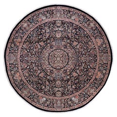 Traditional Mogul Hand Knotted Wool Black Round Area Rug