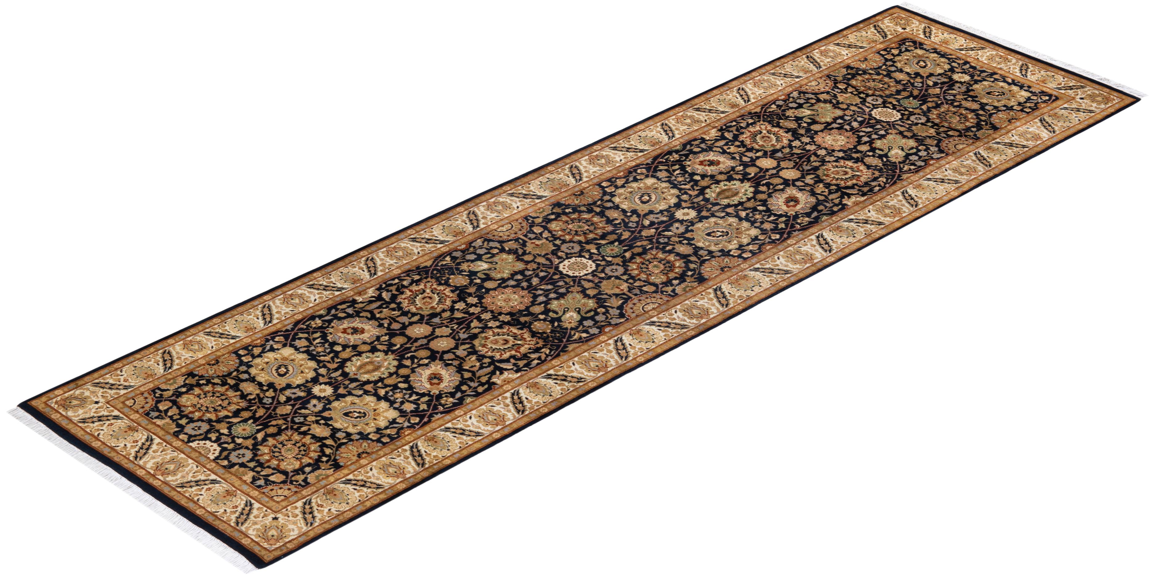 Traditional Mogul Hand Knotted Wool Black Runner For Sale 3