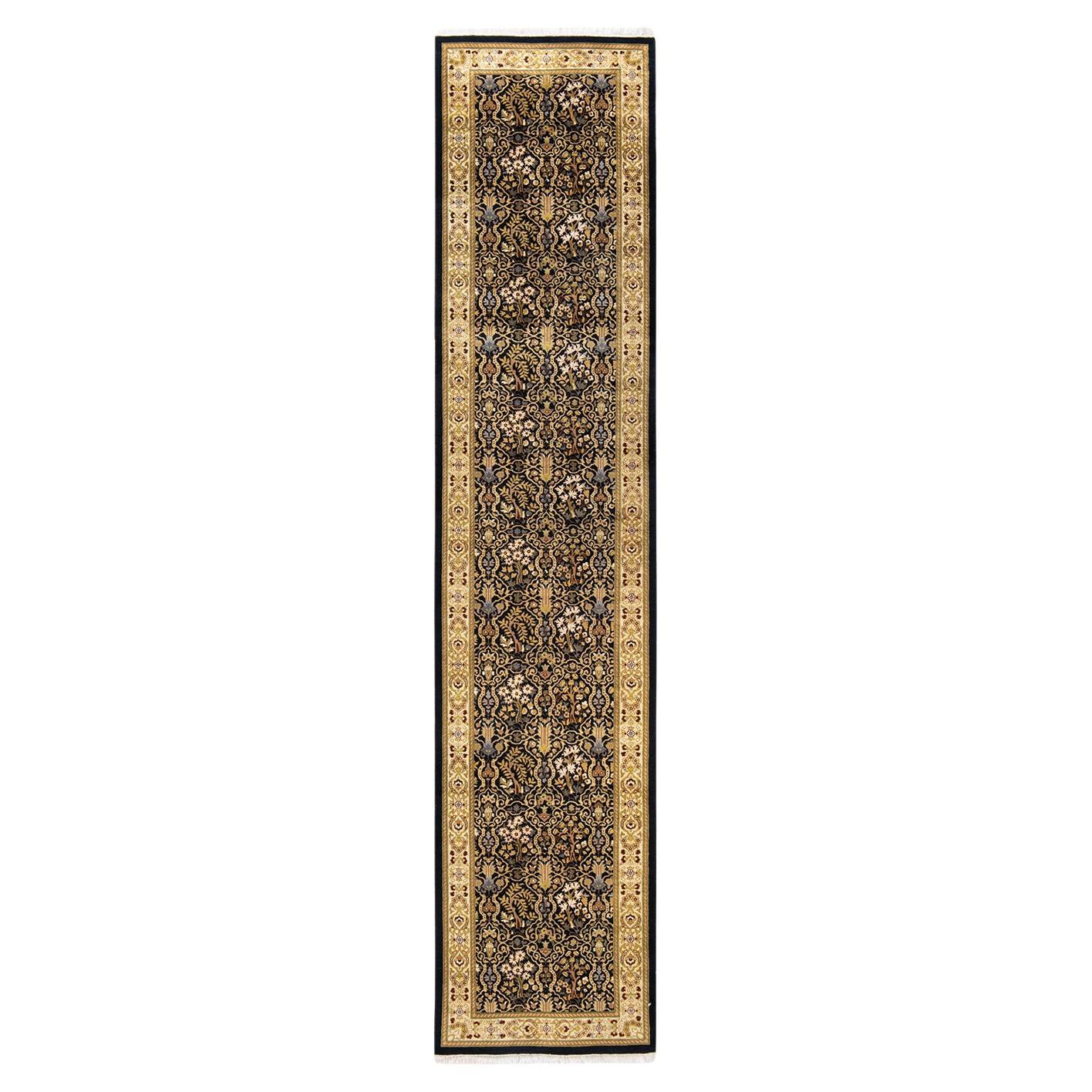Traditional Mogul Hand Knotted Wool Black Runner For Sale