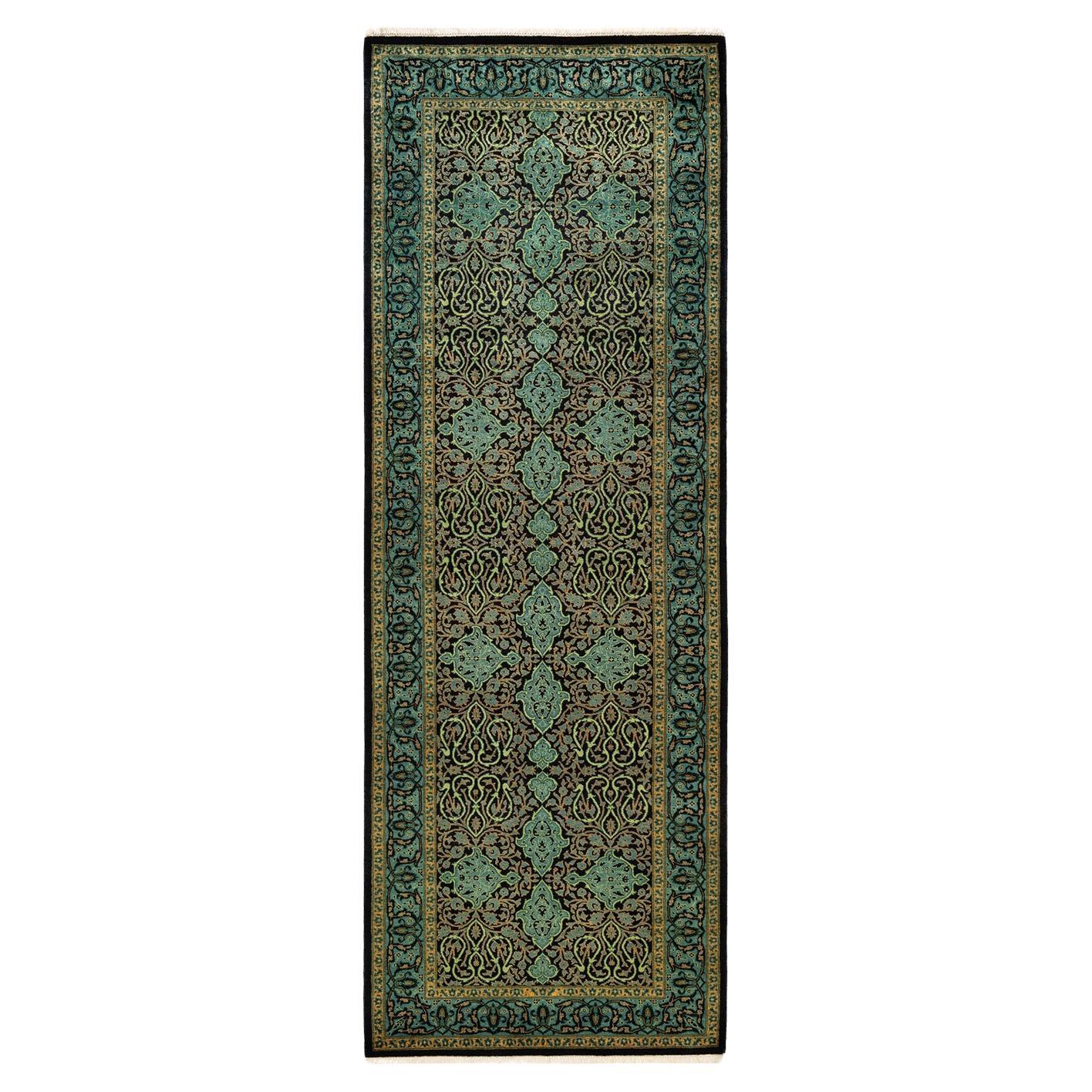 Traditional Mogul Hand Knotted Wool Black  Runner  For Sale