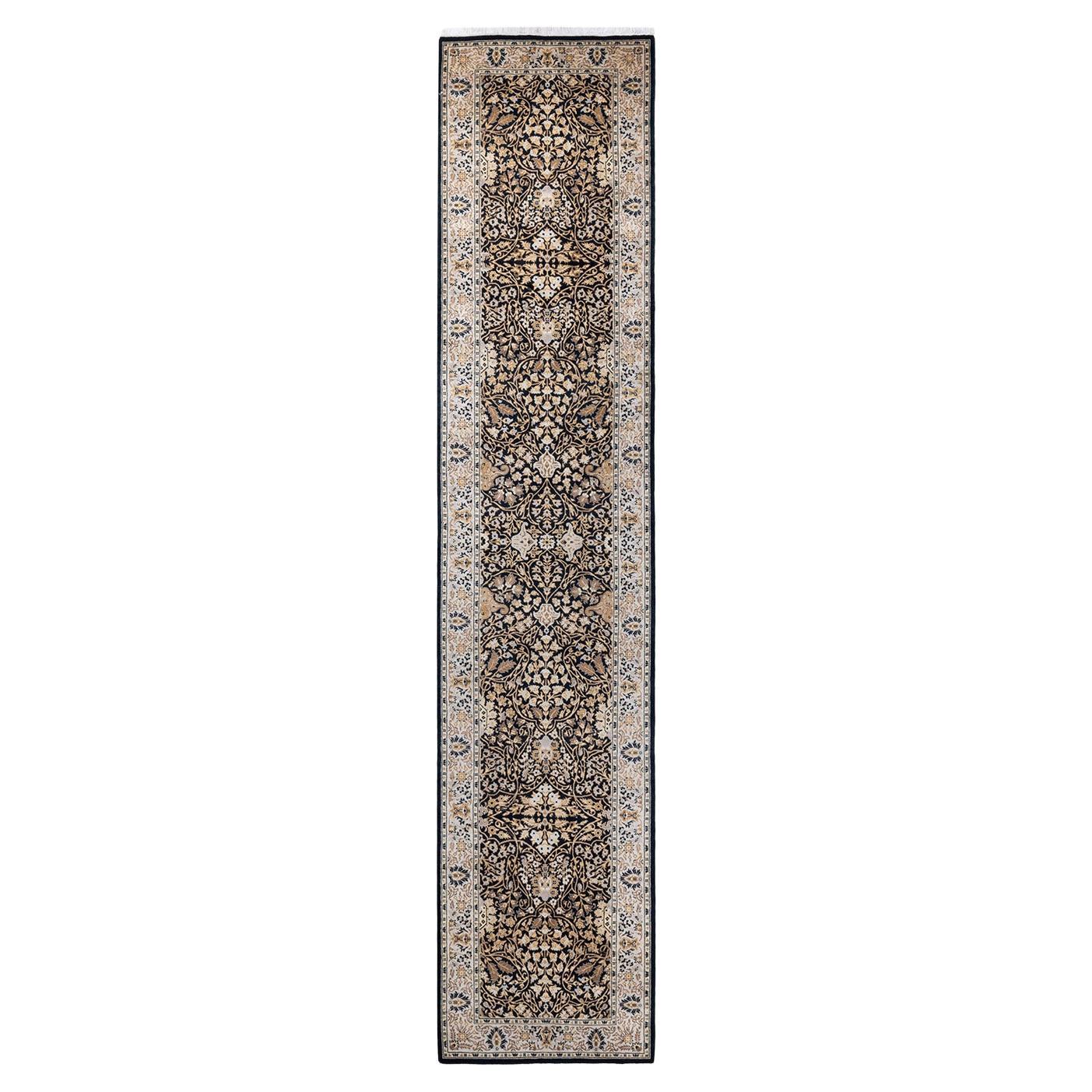 Traditional Mogul Hand Knotted Wool Black Runner