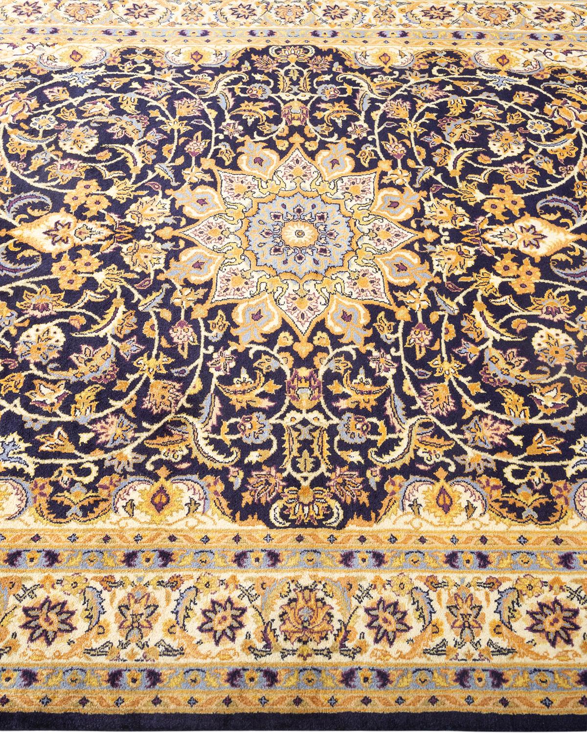 Traditional Mogul Hand Knotted Wool Blue Area Rug In New Condition For Sale In Norwalk, CT