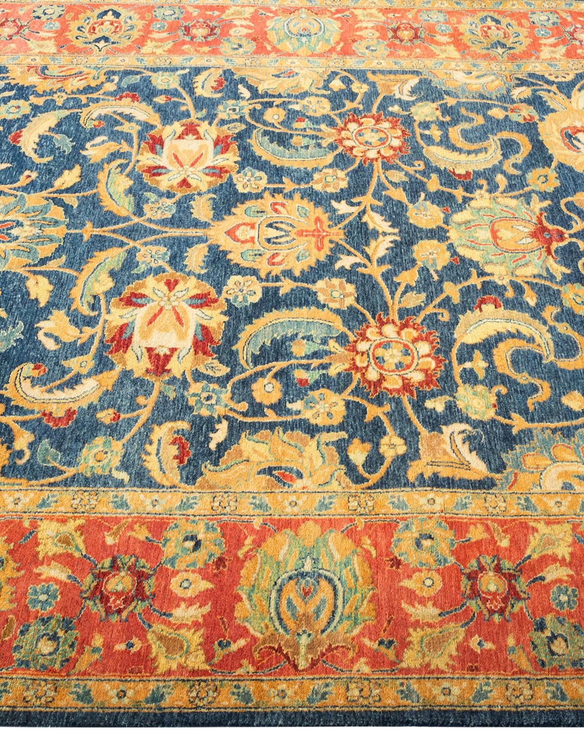 Traditional Mogul Hand Knotted Wool Blue Area Rug In New Condition For Sale In Norwalk, CT