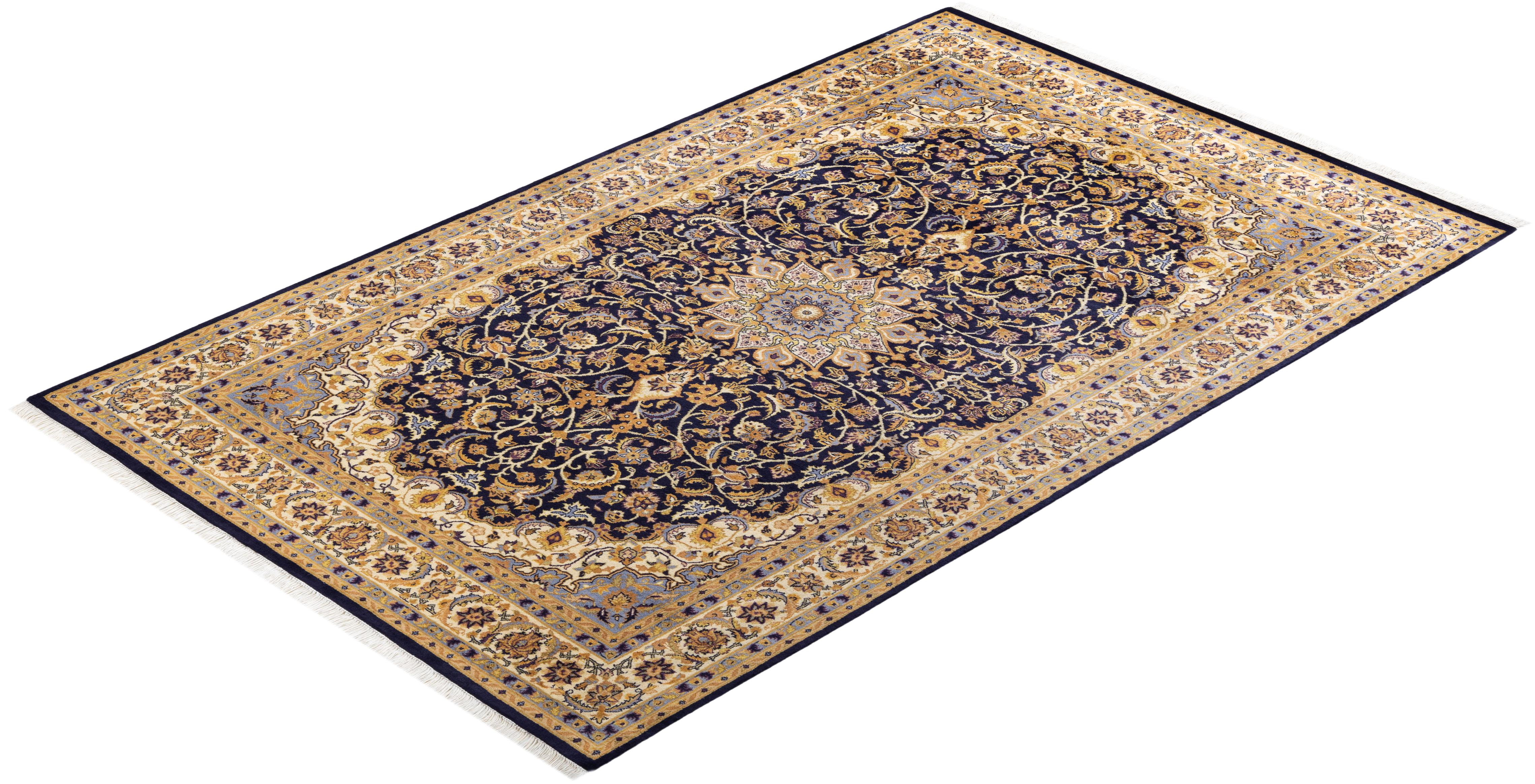 Traditional Mogul Hand Knotted Wool Blue Area Rug For Sale 3